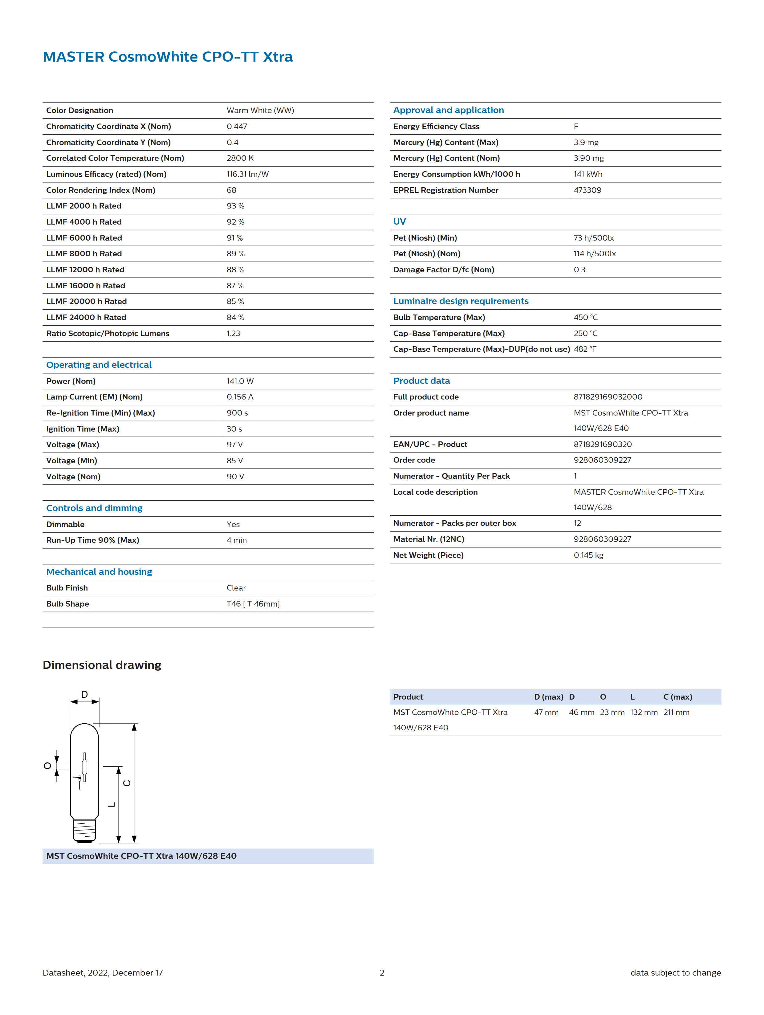 PHILIPS MST CosmoWhite CPO-TT Xtra 140W/628 E40 928060309227