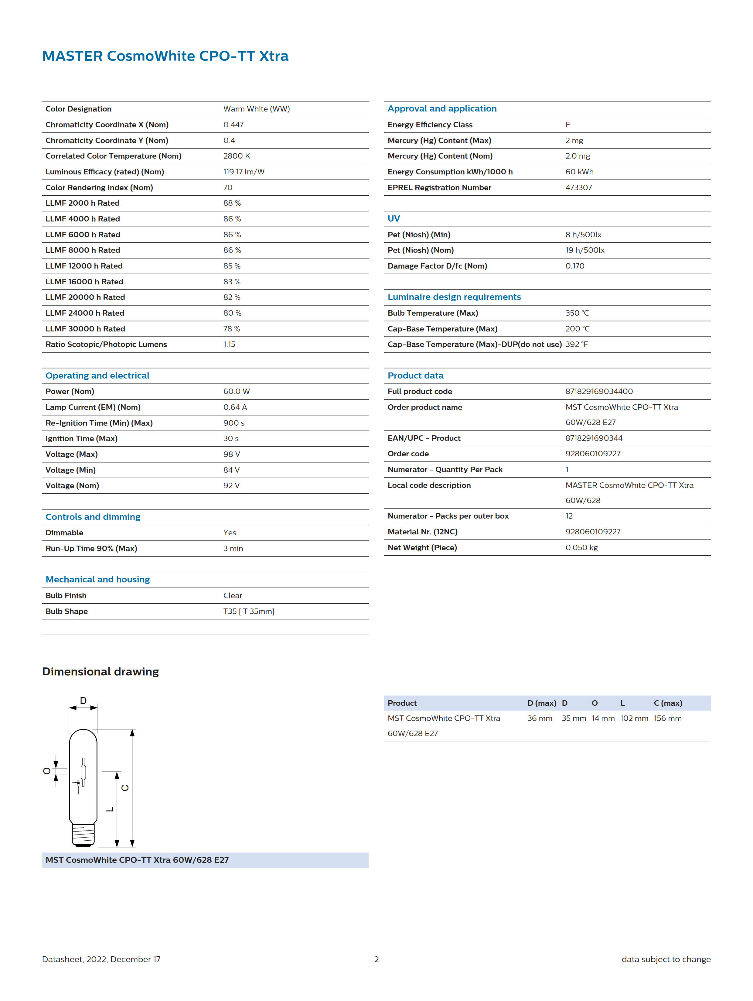 PHILIPS MST CosmoWhite CPO-TT Xtra 60W/628 E27 928060109227