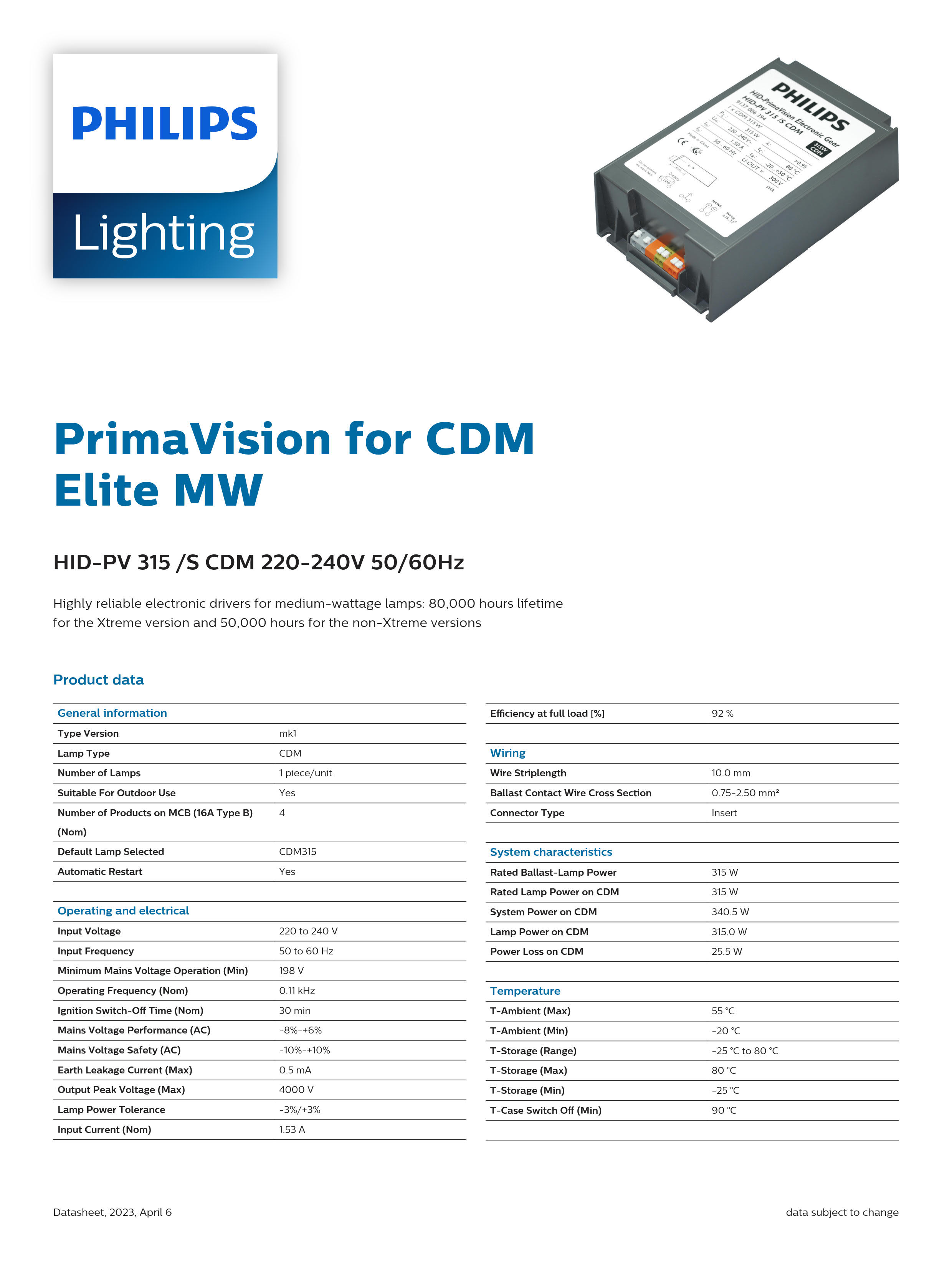 PHILIPS HID-PV 315 /S CDM 220-240V 50/60Hz 913700639480