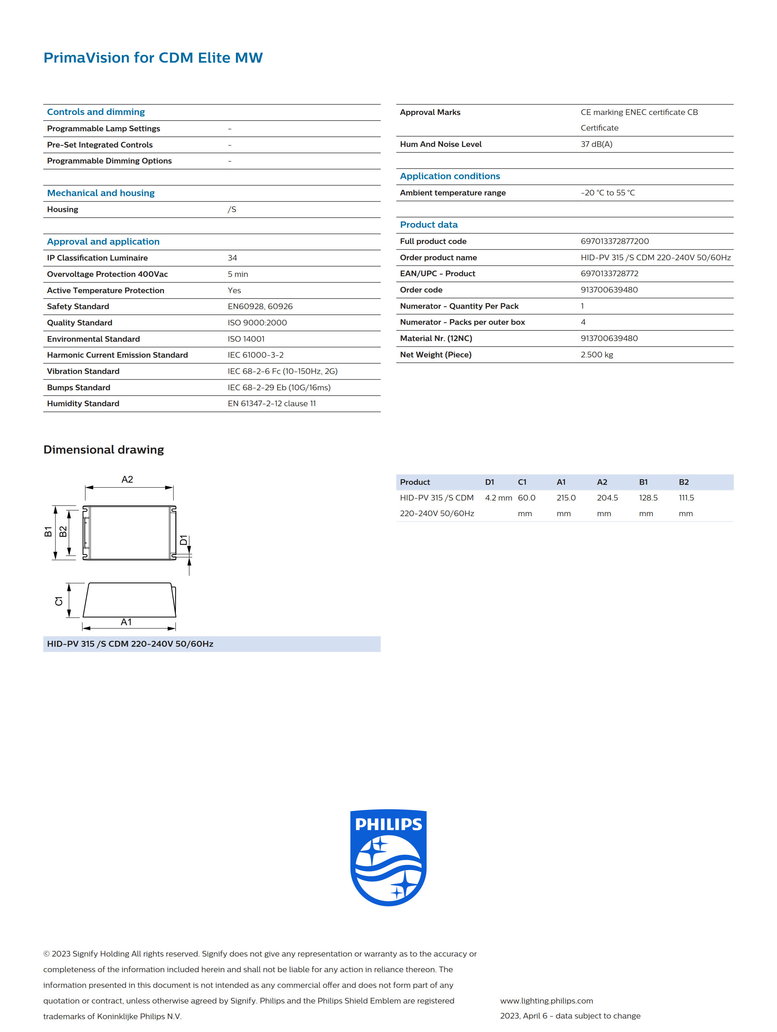 PHILIPS HID-PV 315 /S CDM 220-240V 50/60Hz 913700639480