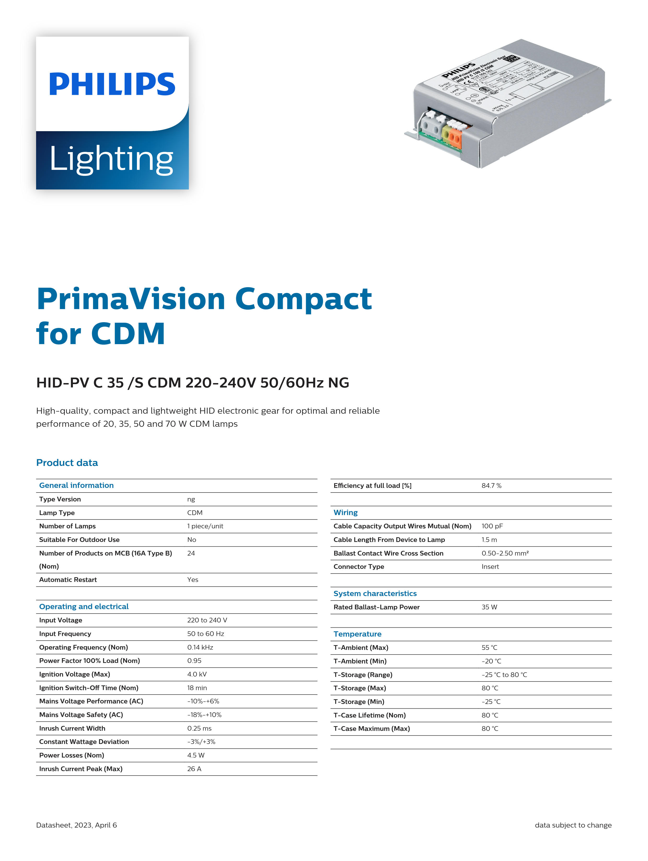 PHILIPS HID-PV C 35 /S CDM 220-240V 50/60Hz NG 913700652766