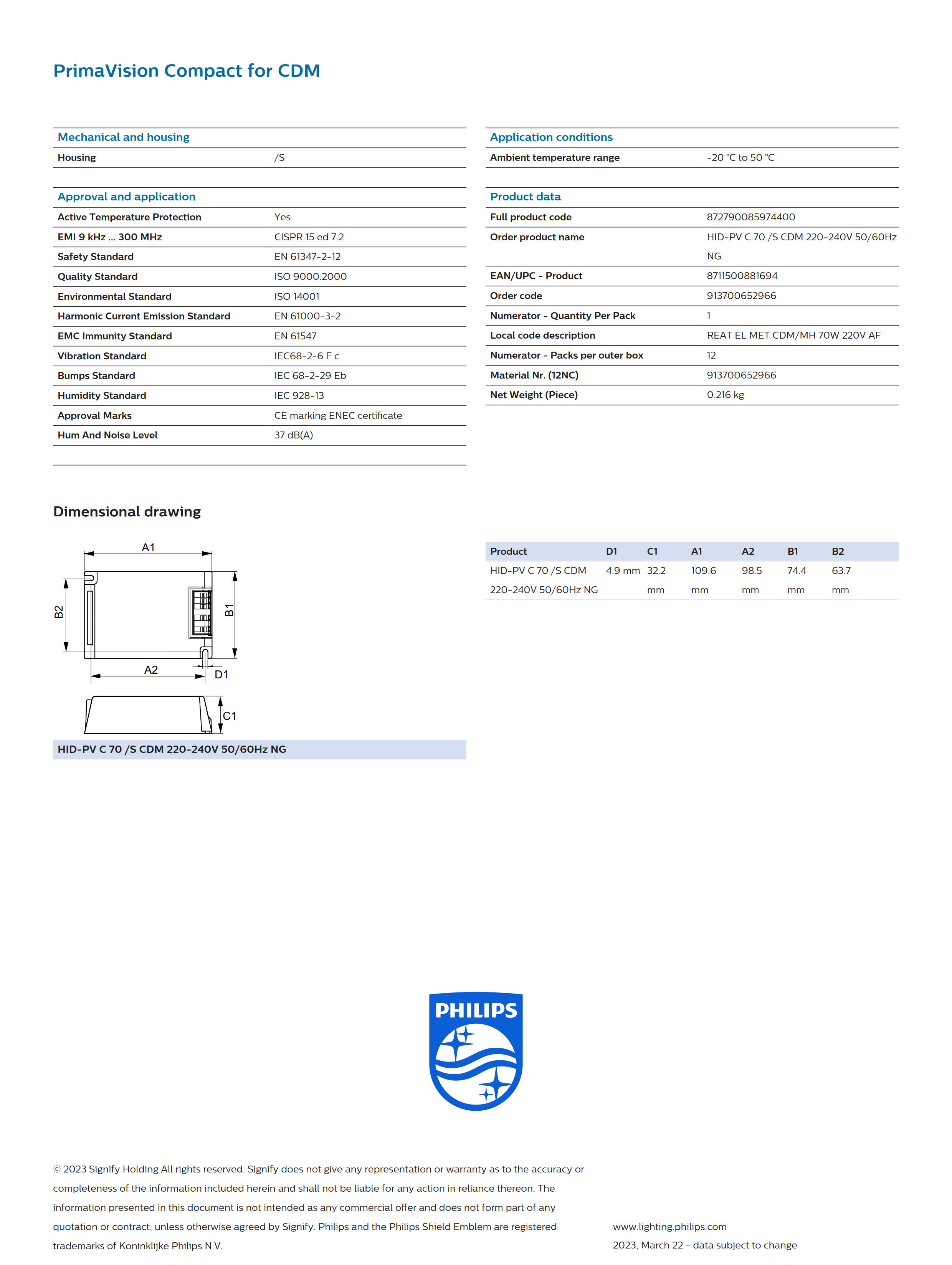 PHILIPS HID-PV C 70 /S CDM 220-240V 50/60Hz NG 913700652966