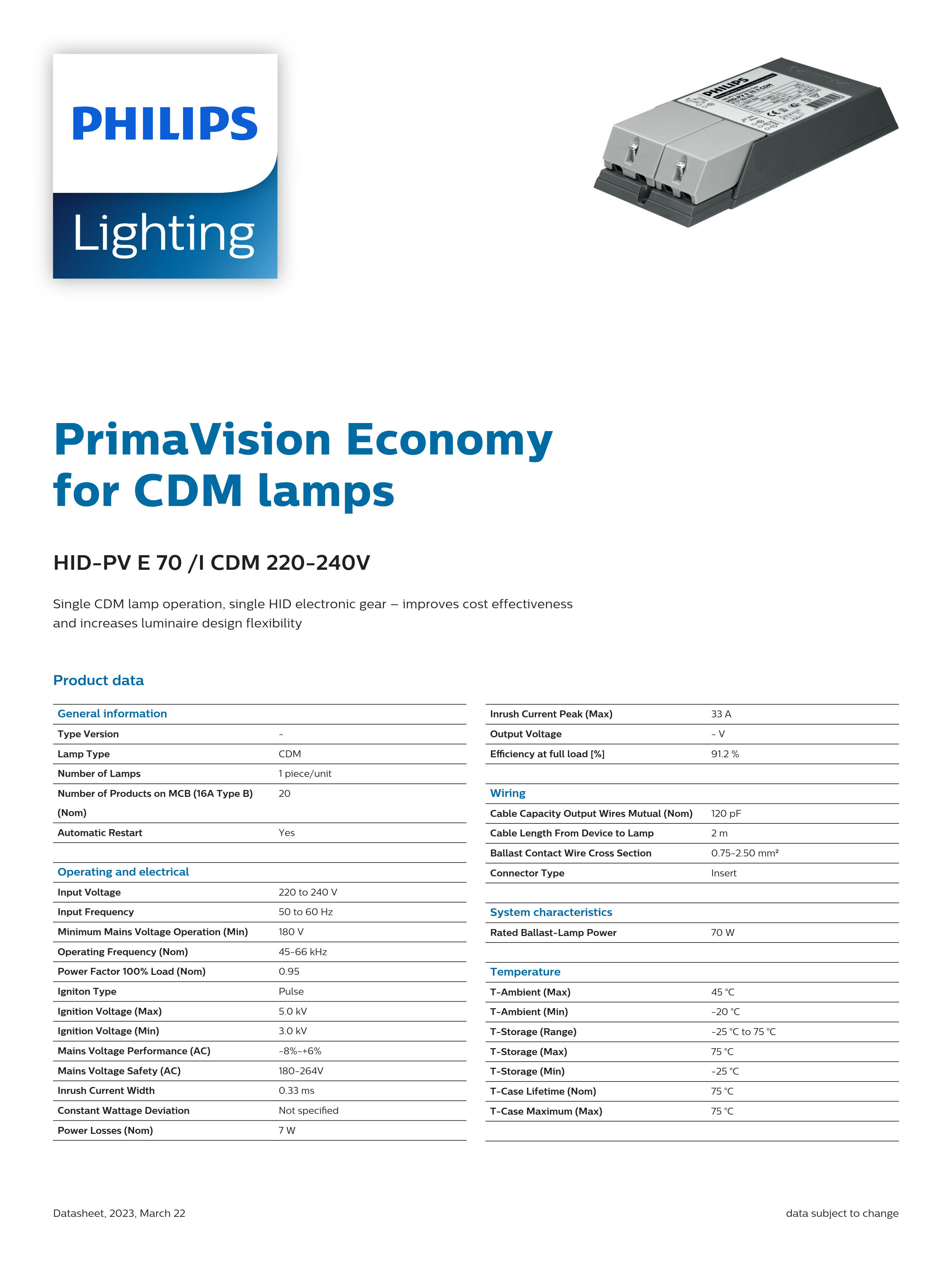 PHILIPS HID-PV E 70 /I CDM 220-240V 913700680866