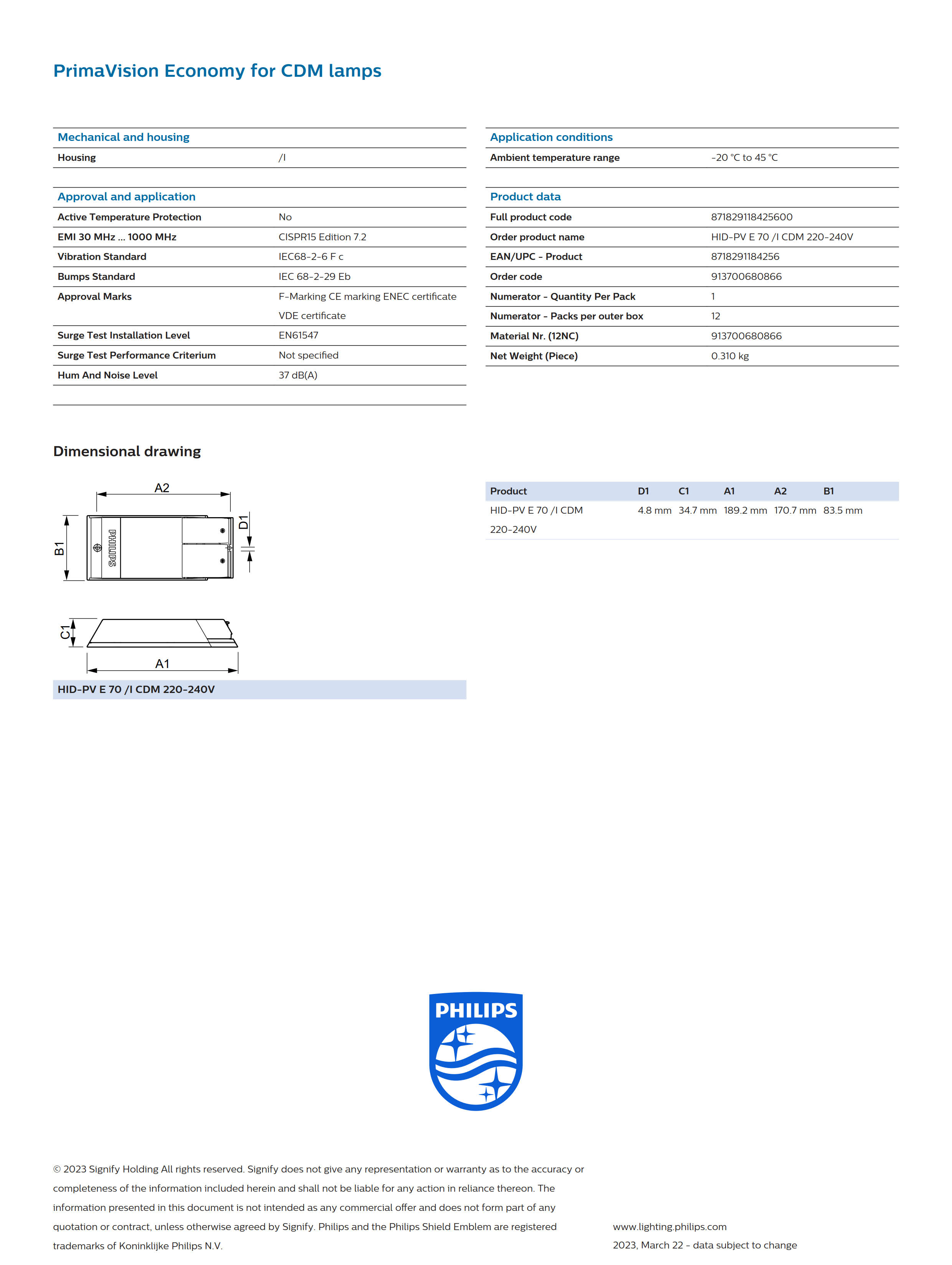 PHILIPS HID-PV E 70 /I CDM 220-240V 913700680866