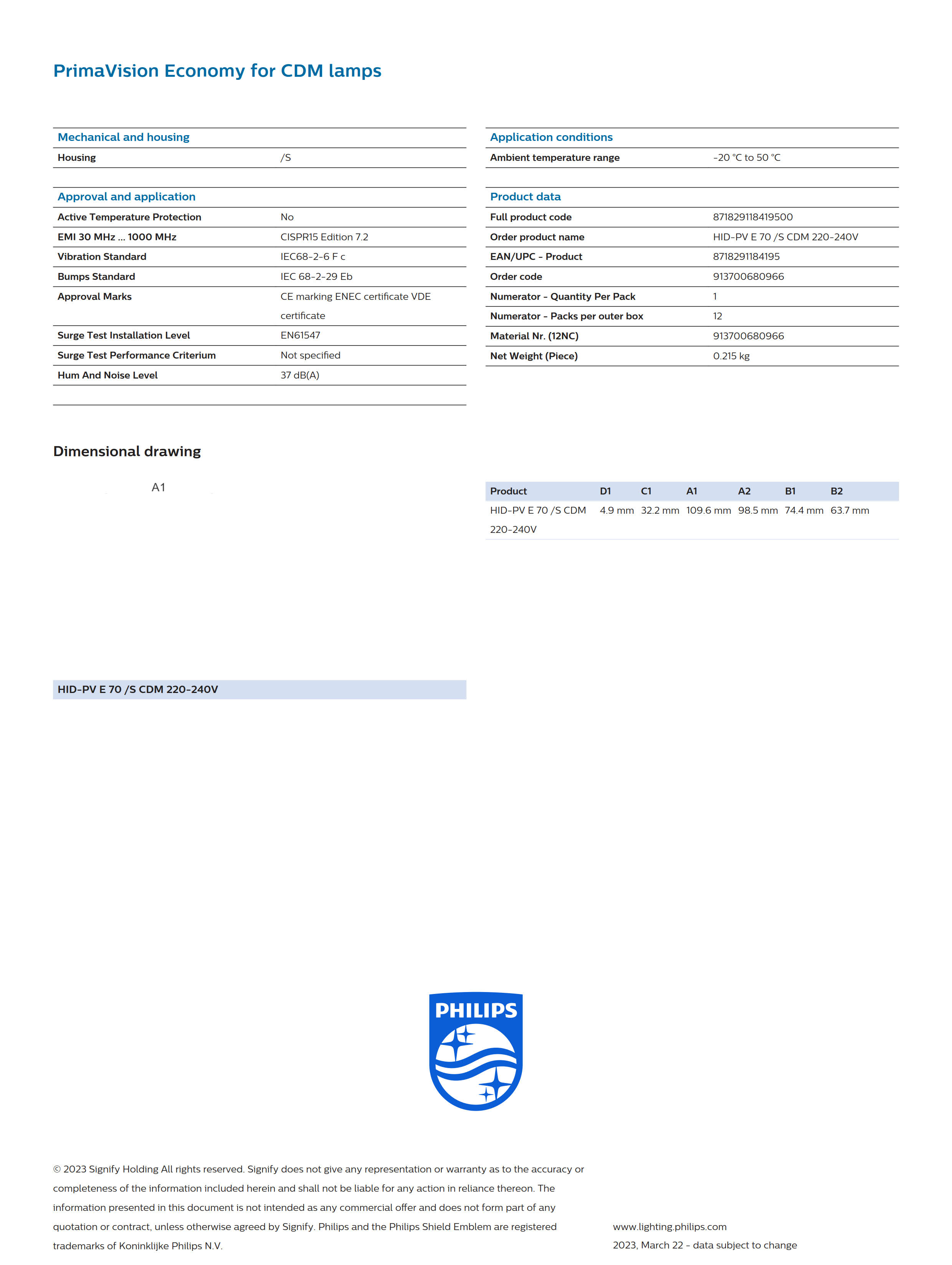 PHILIPS HID-PV E 70 /S CDM 220-240V 913700680966