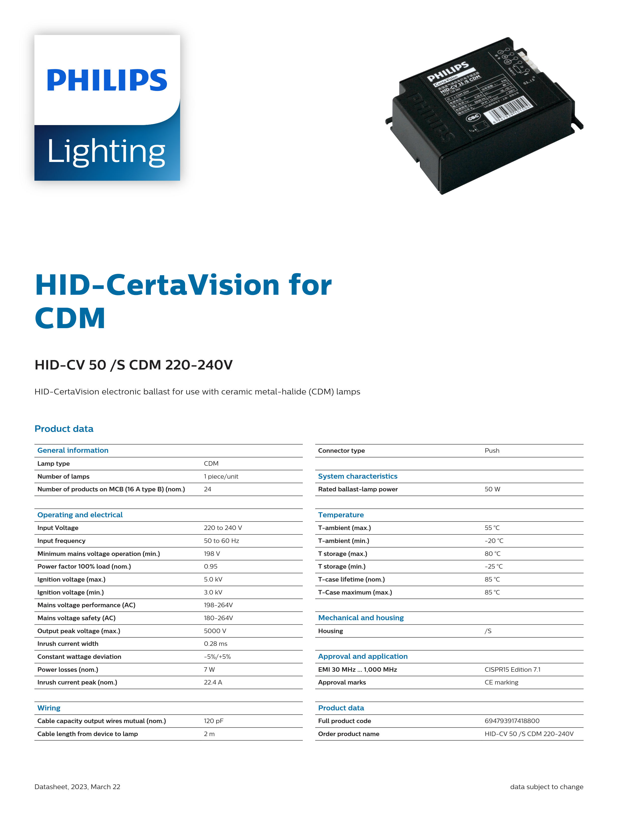 PHILIPS HID-CV 50 /S CDM 220-240V 913712006680