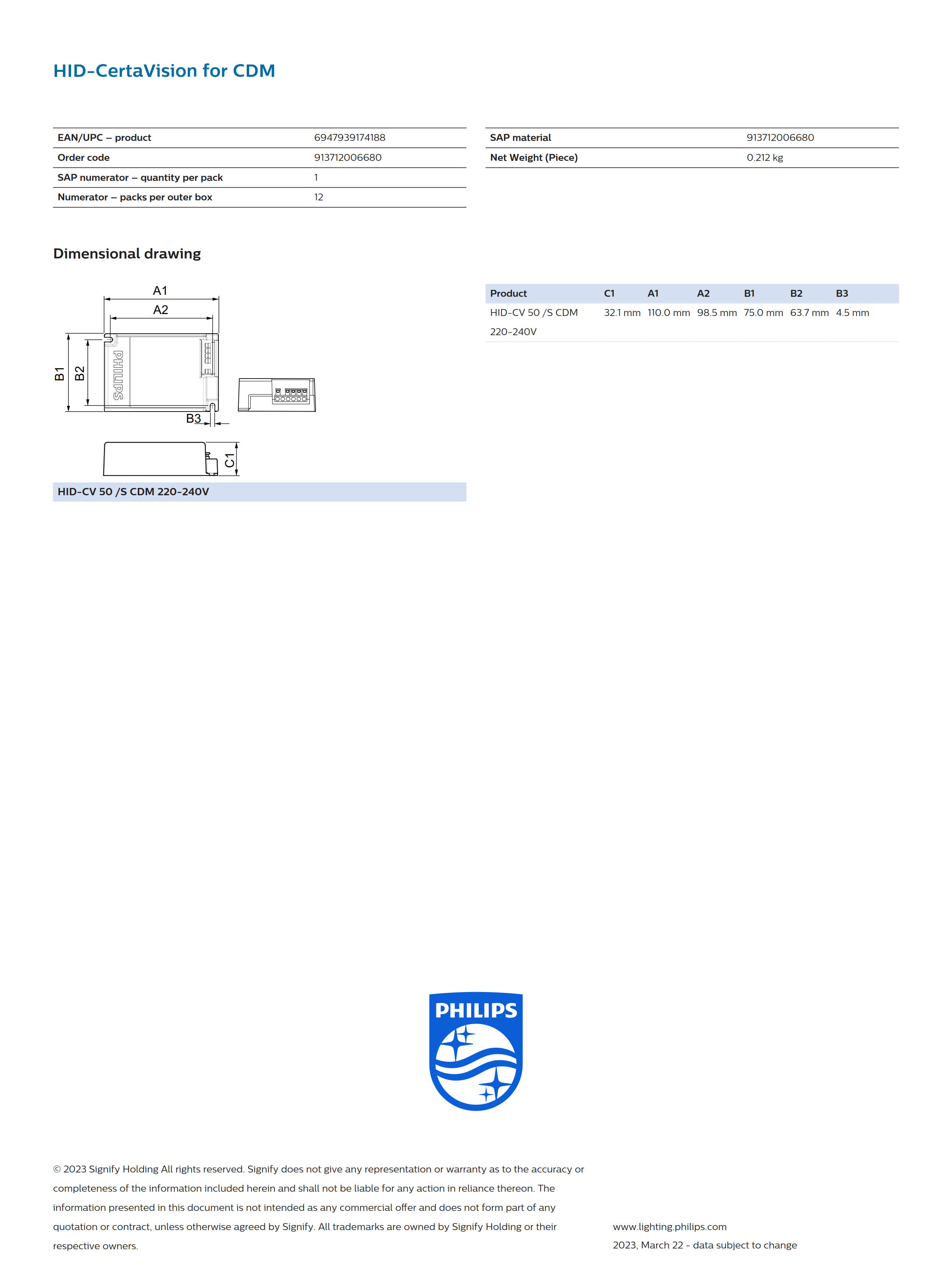 PHILIPS HID-CV 50 /S CDM 220-240V 913712006680