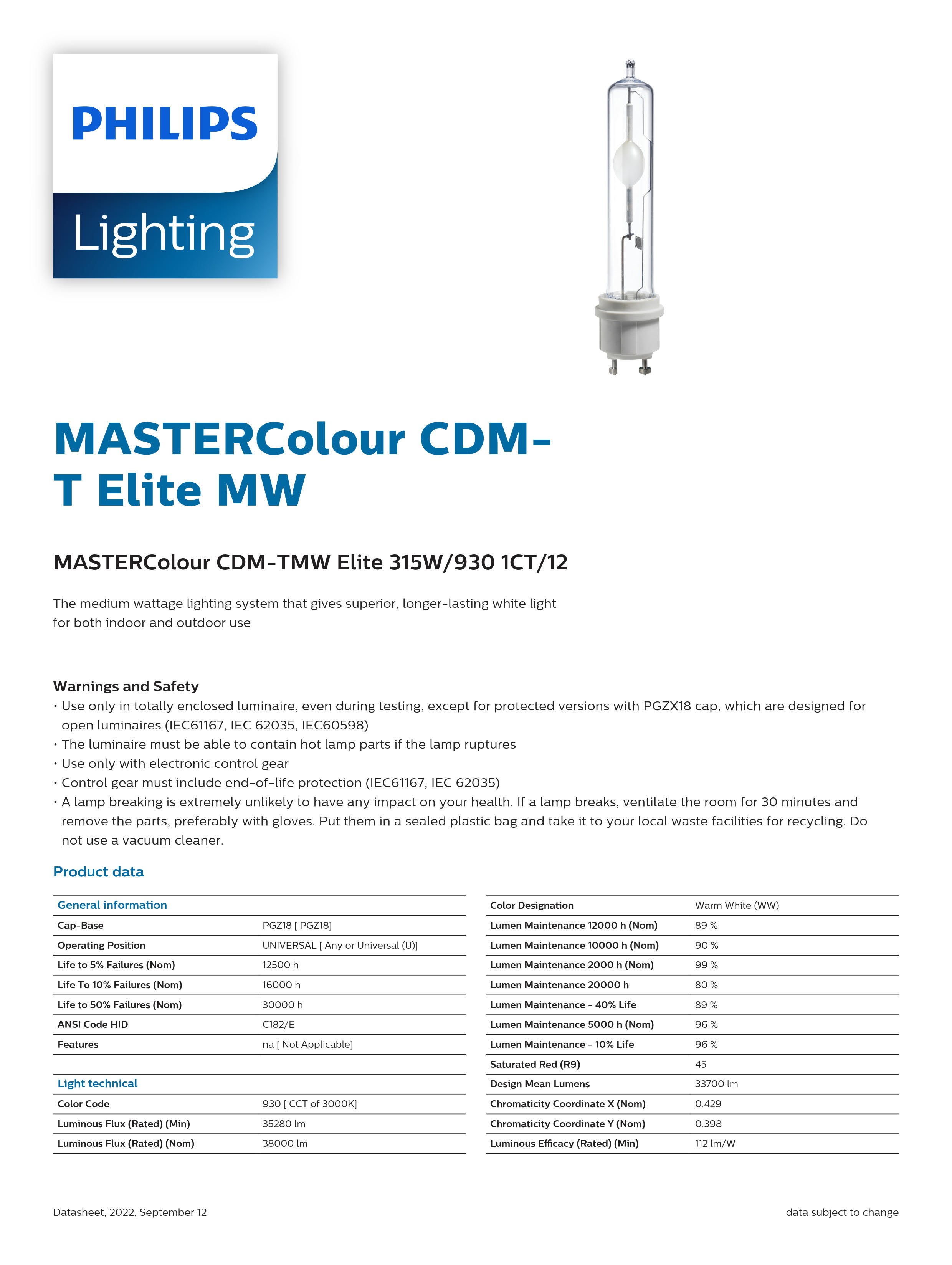 PHILIPS MASTERColour CDM-TMW Elite 315W/930 1CT/12 928601164634