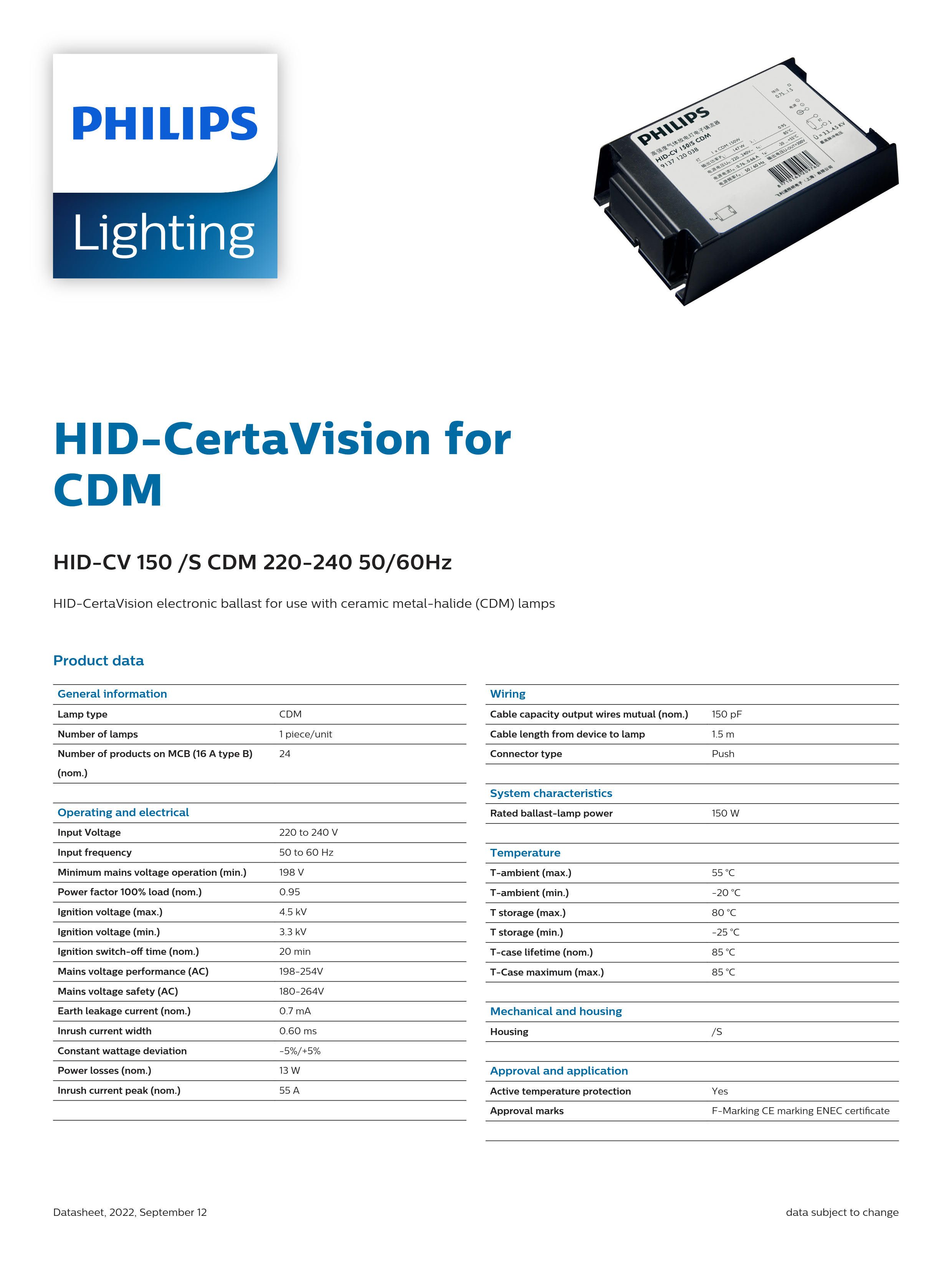 PHILIPS HID-CV 150 /S CDM 220-240 50/60Hz 913712003813