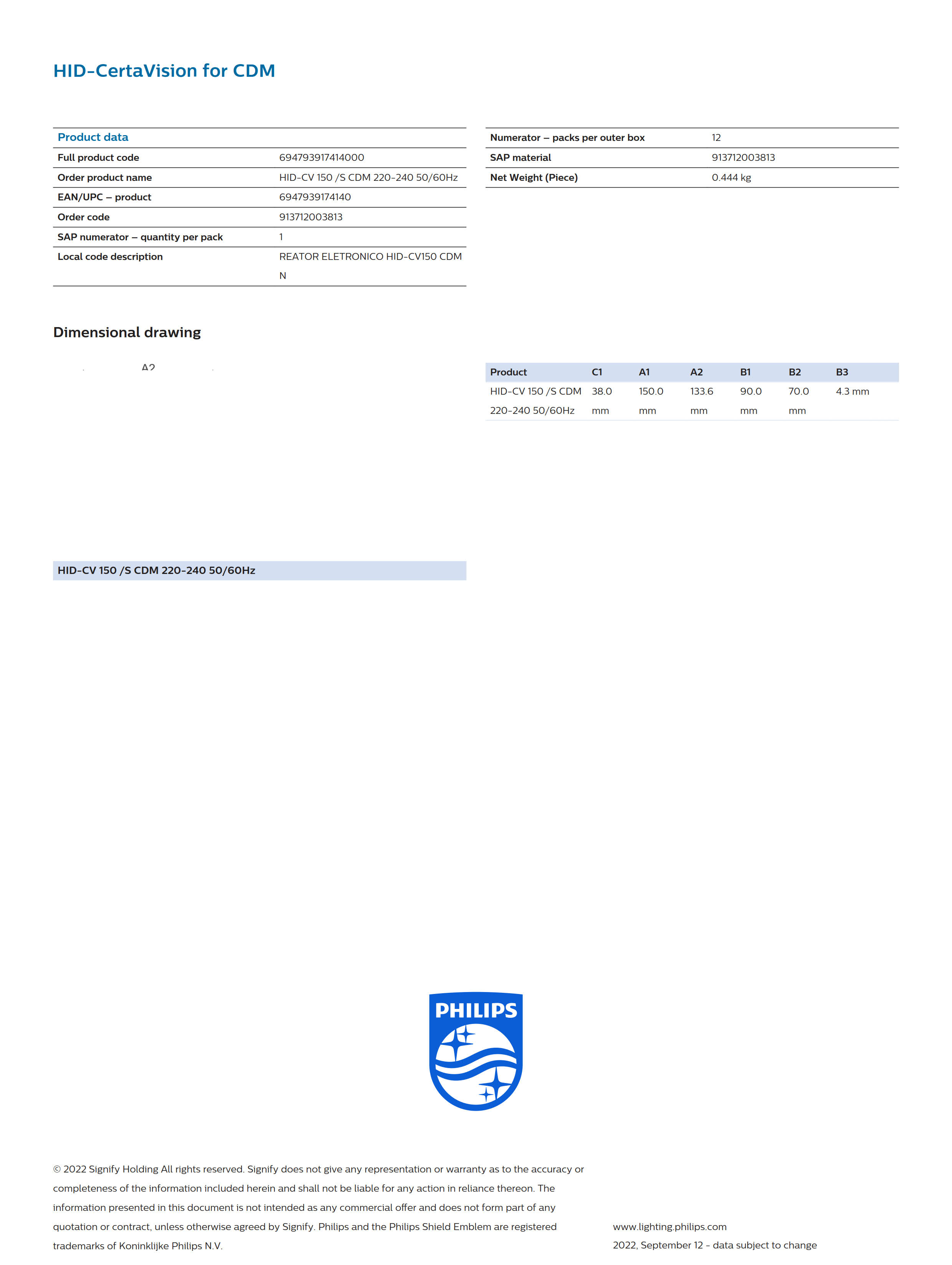 PHILIPS HID-CV 150 /S CDM 220-240 50/60Hz 913712003813