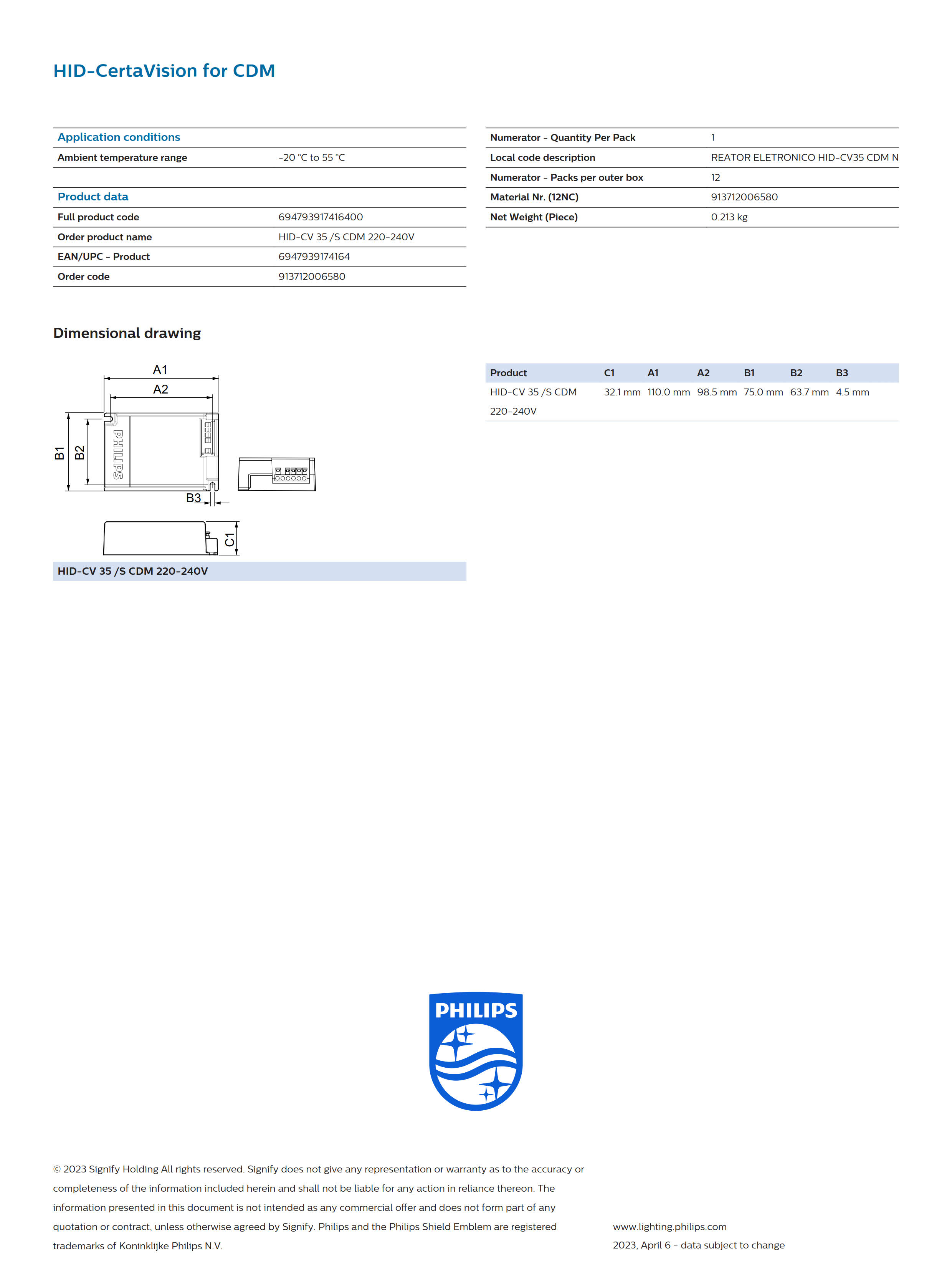 PHILIPS HID-CV 35 /S CDM 220-240V 913712006580