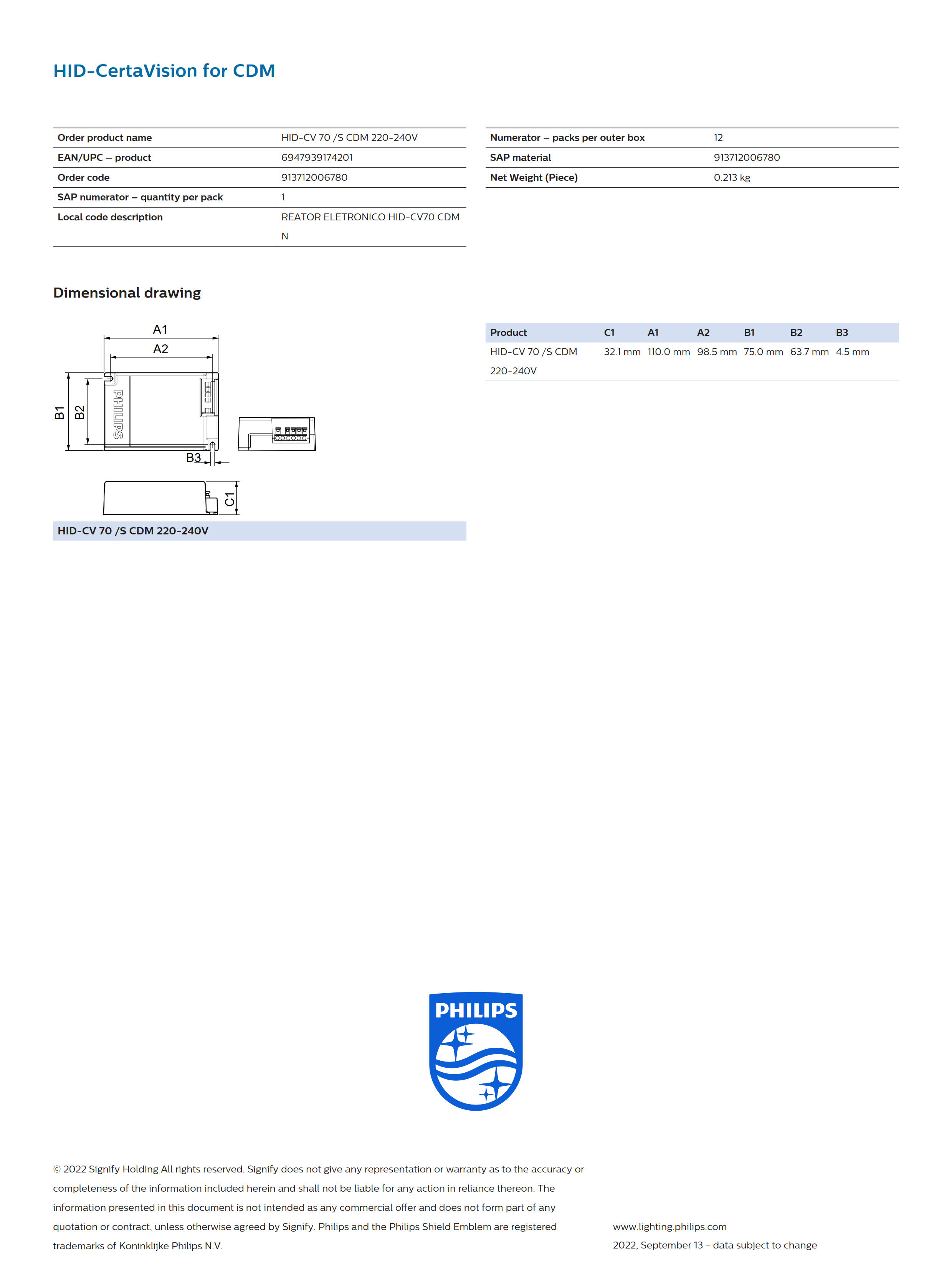 PHILIPS HID-CV 70 /S CDM 220-240V 913712006780