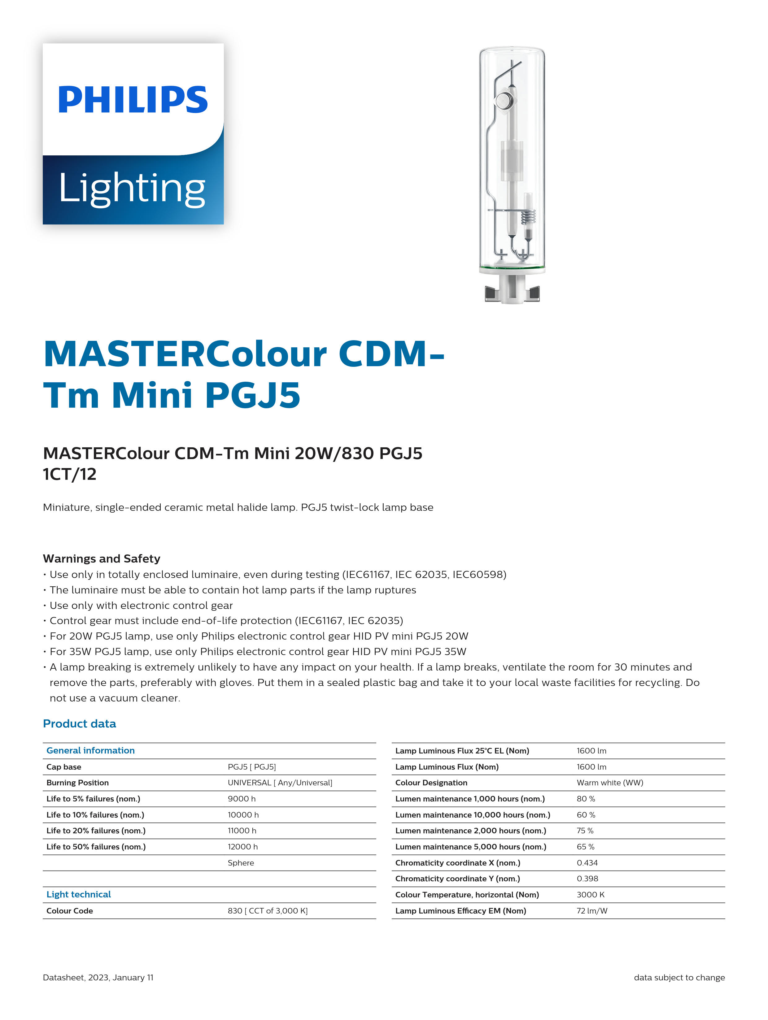 PHILIPS MASTERColour CDM-Tm Mini 20W/830 PGJ5 1CT/12 928087905130