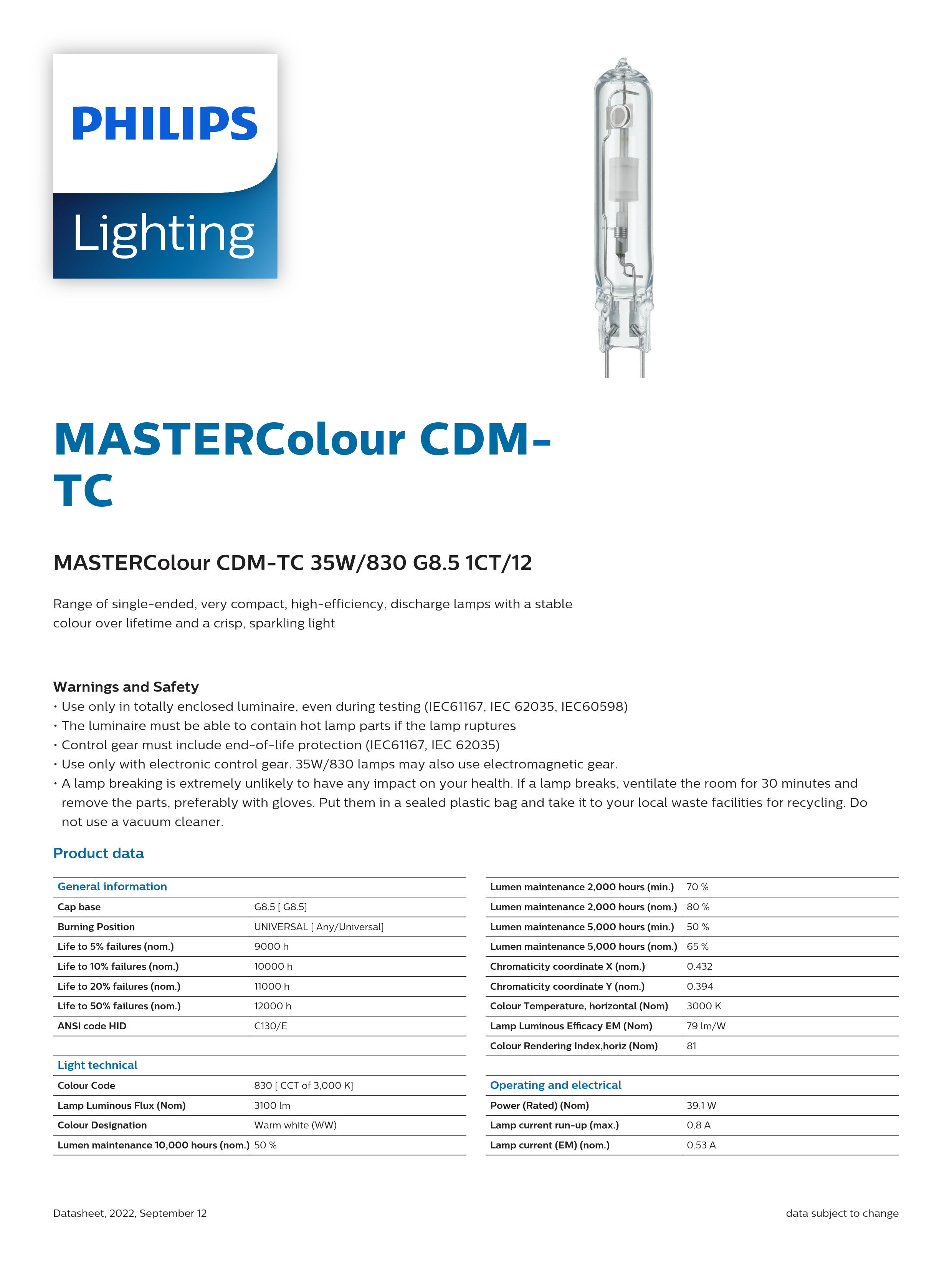 PHILIPS MASTERColour CDM-TC 35W/830 G8.5 1CT/12 928085205129