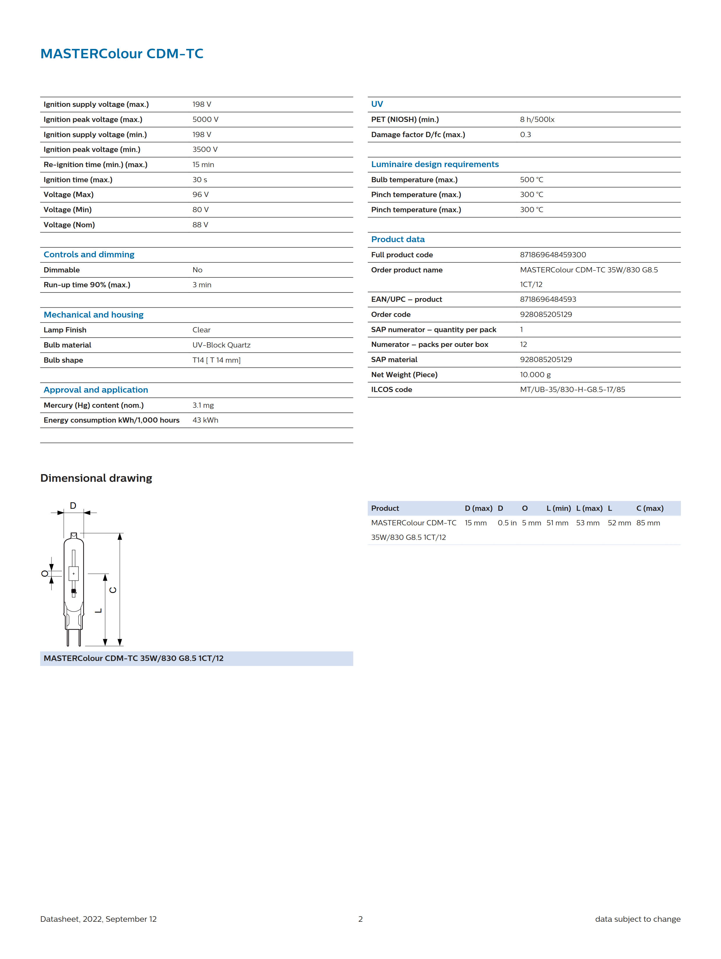 PHILIPS MASTERColour CDM-TC 35W/830 G8.5 1CT/12 928085205129