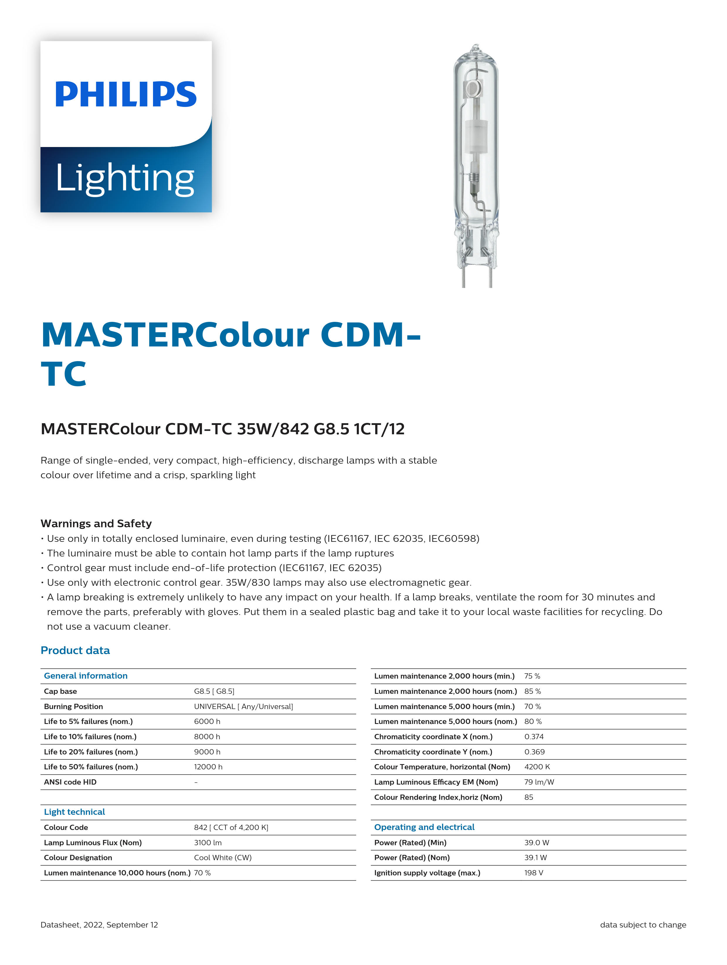 PHILIPS MASTERColour CDM-TC 35W/842 G8.5 1CT/12 928093805129