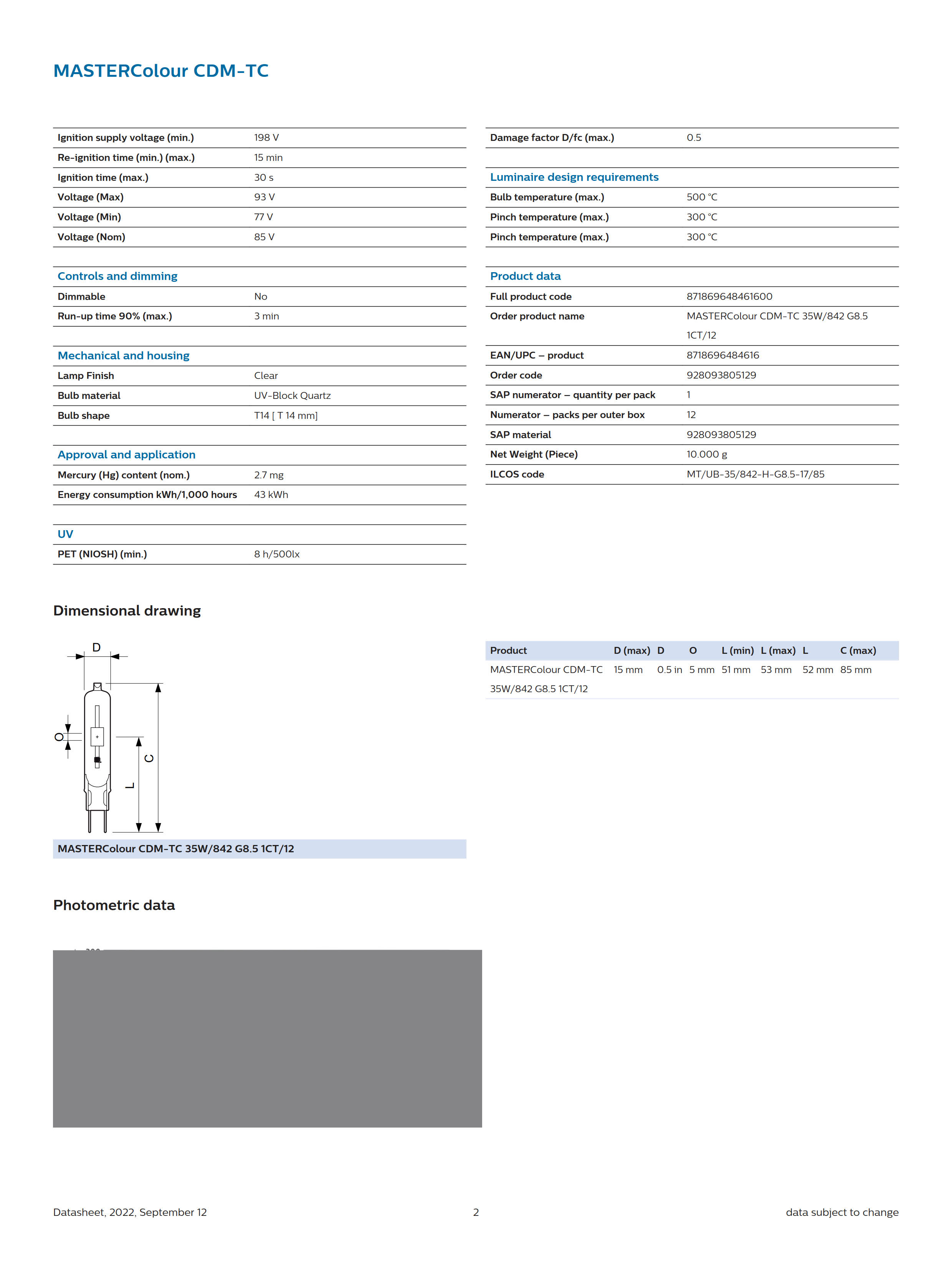 PHILIPS MASTERColour CDM-TC 35W/842 G8.5 1CT/12 928093805129