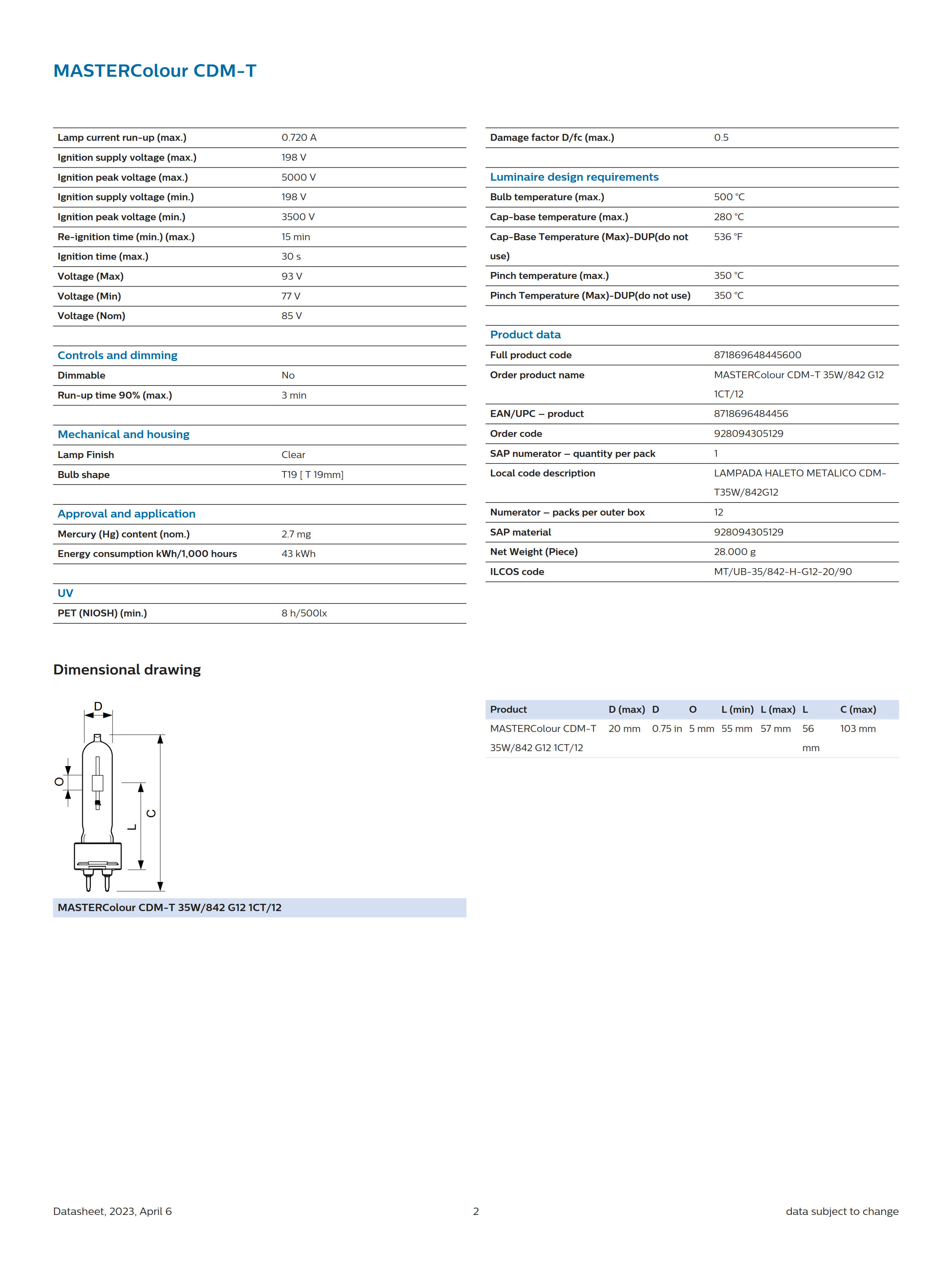 PHILIPS MASTERColour CDM-T 35W/842 G12 1CT/12 928094305129