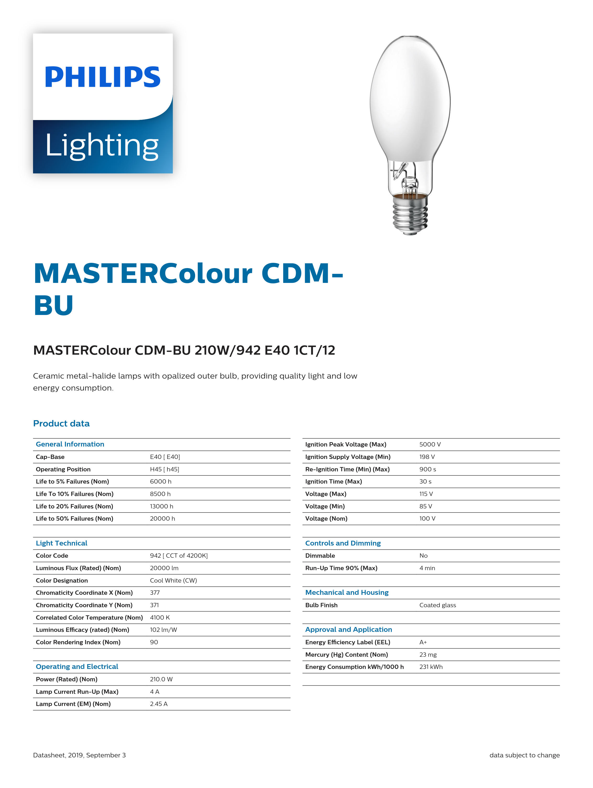 PHILIPS MASTERColour CDM-BU 210W/942 E40 1CT/12 928489800191