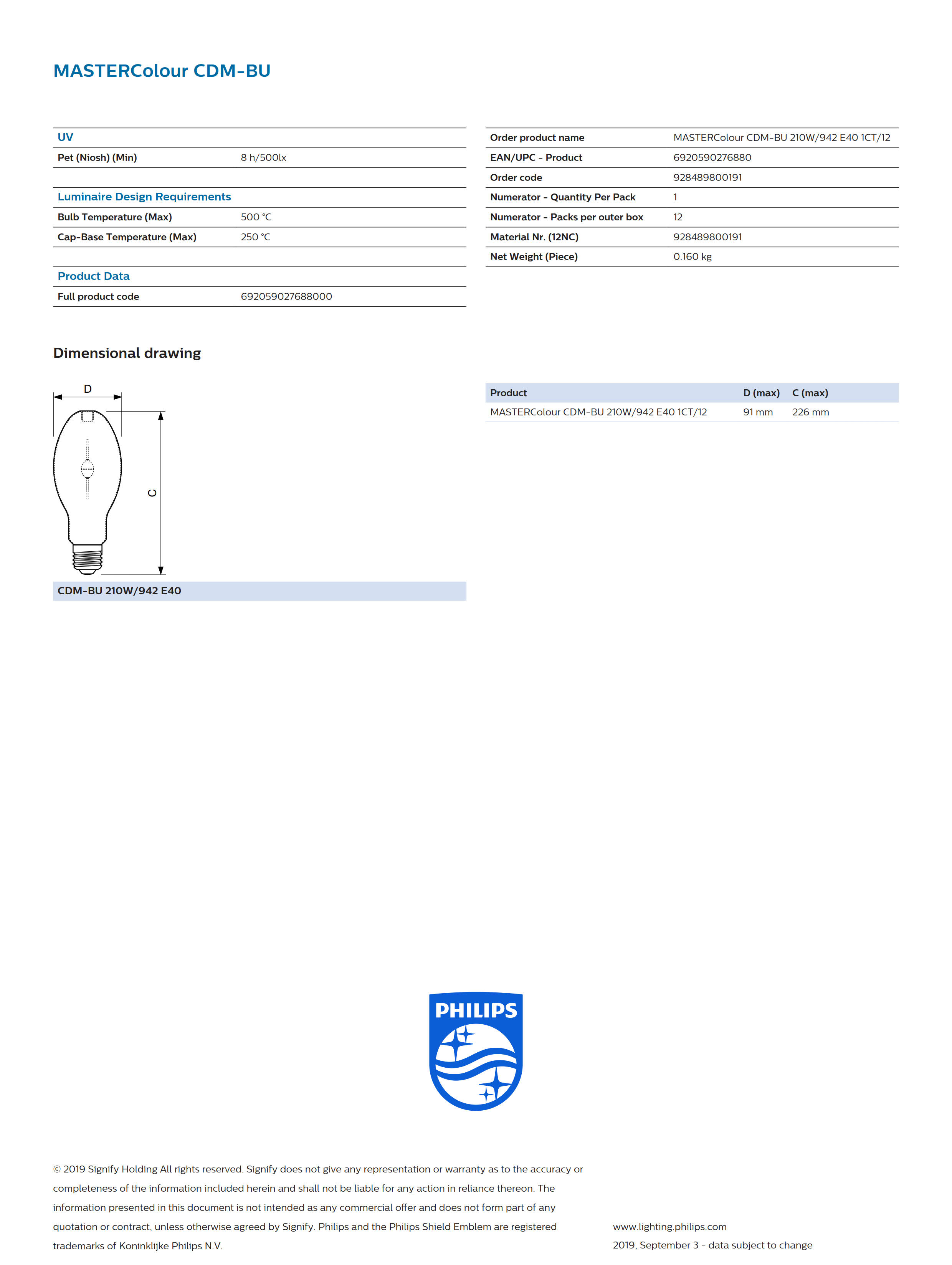 PHILIPS MASTERColour CDM-BU 210W/942 E40 1CT/12 928489800191