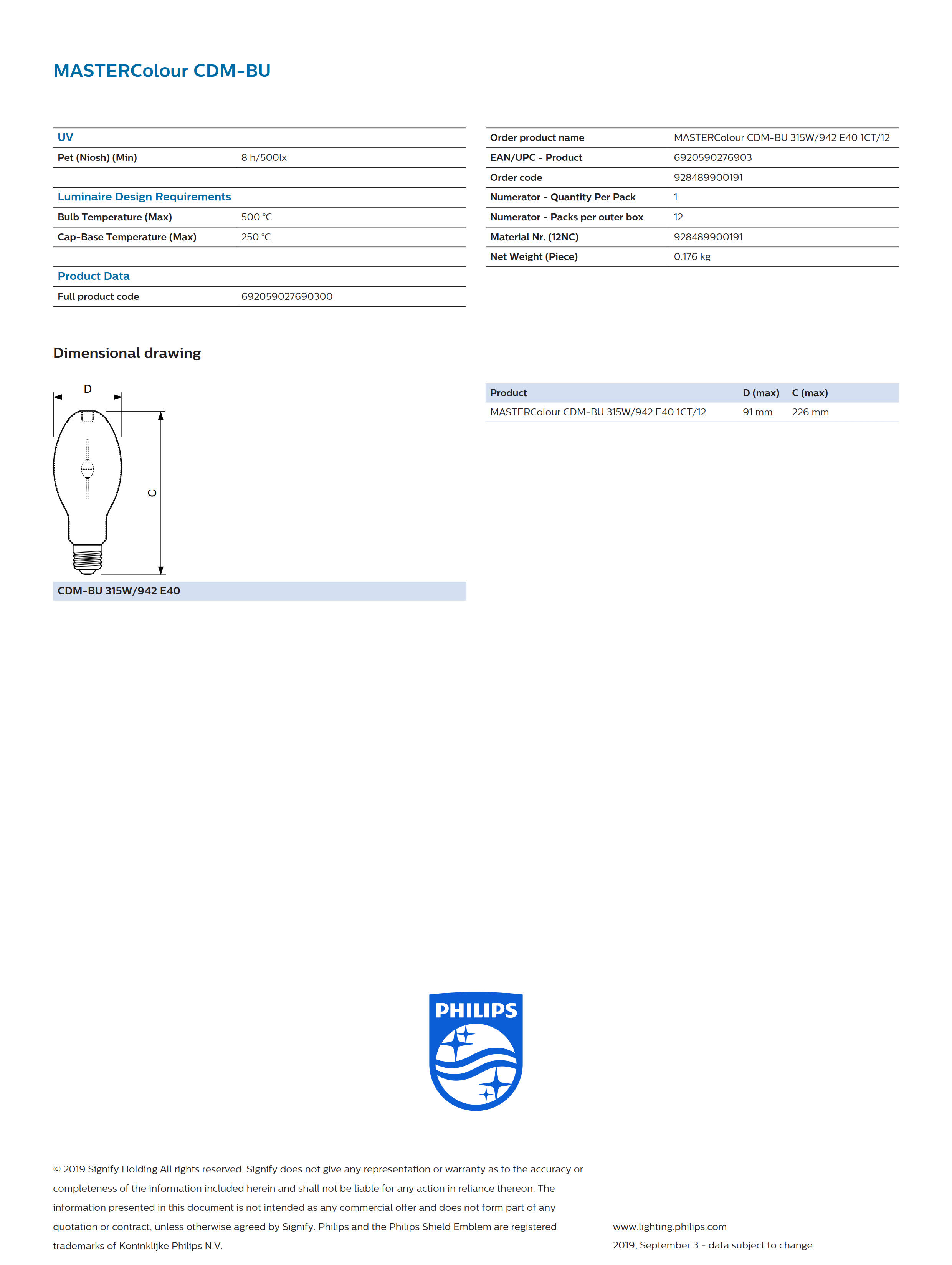 PHILIPS MASTERColour CDM-BU 315W/942 E40 1CT/12 928489900191