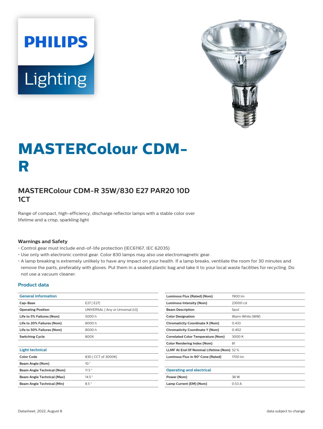 PHILIPS MASTERColour CDM-R 35W/830 E27 PAR20 10D 928489000191