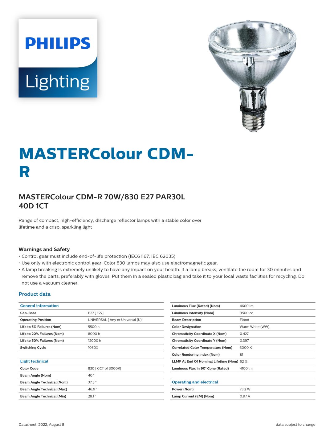 PHILIPS MASTERColour CDM-R 70W/942 E27 PAR30L 30D 928089700693