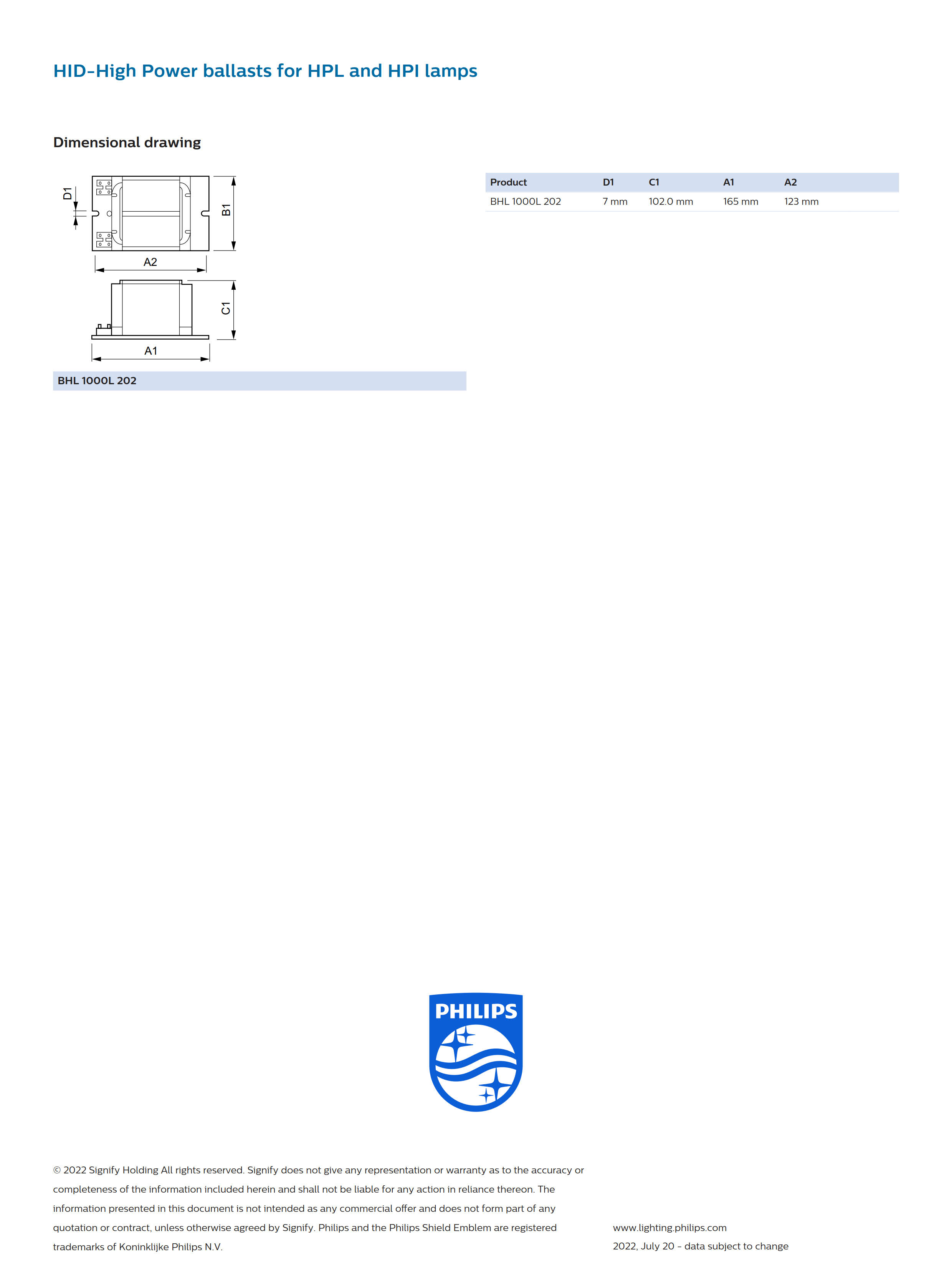 PHILIPS HID-Basic Ballasts for HPL and HPI Lamps BHL 1000L 202 913710104942