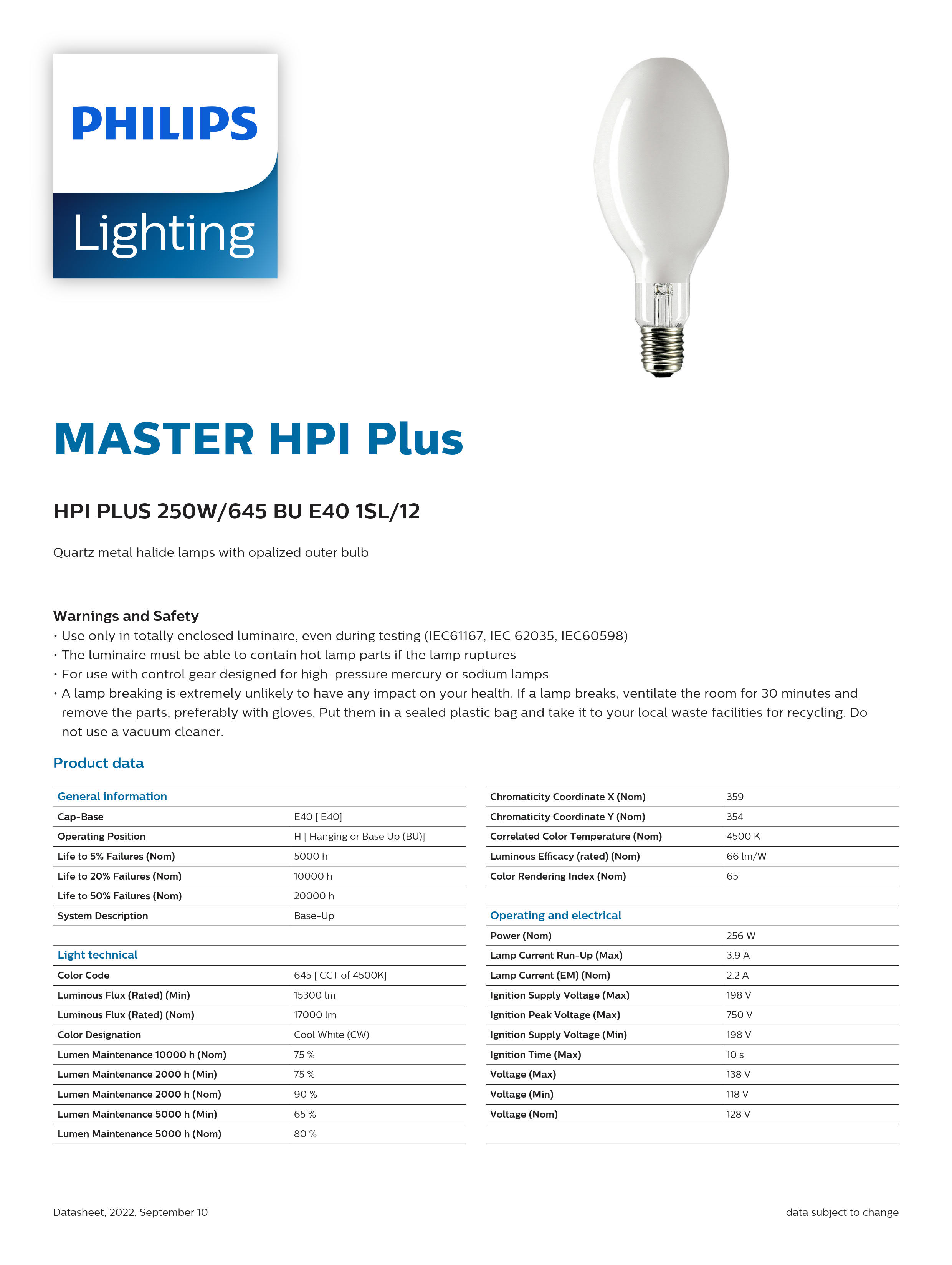 PHILIPS HPI PLUS 250W/645 BU E40 1SL/12 928481400094