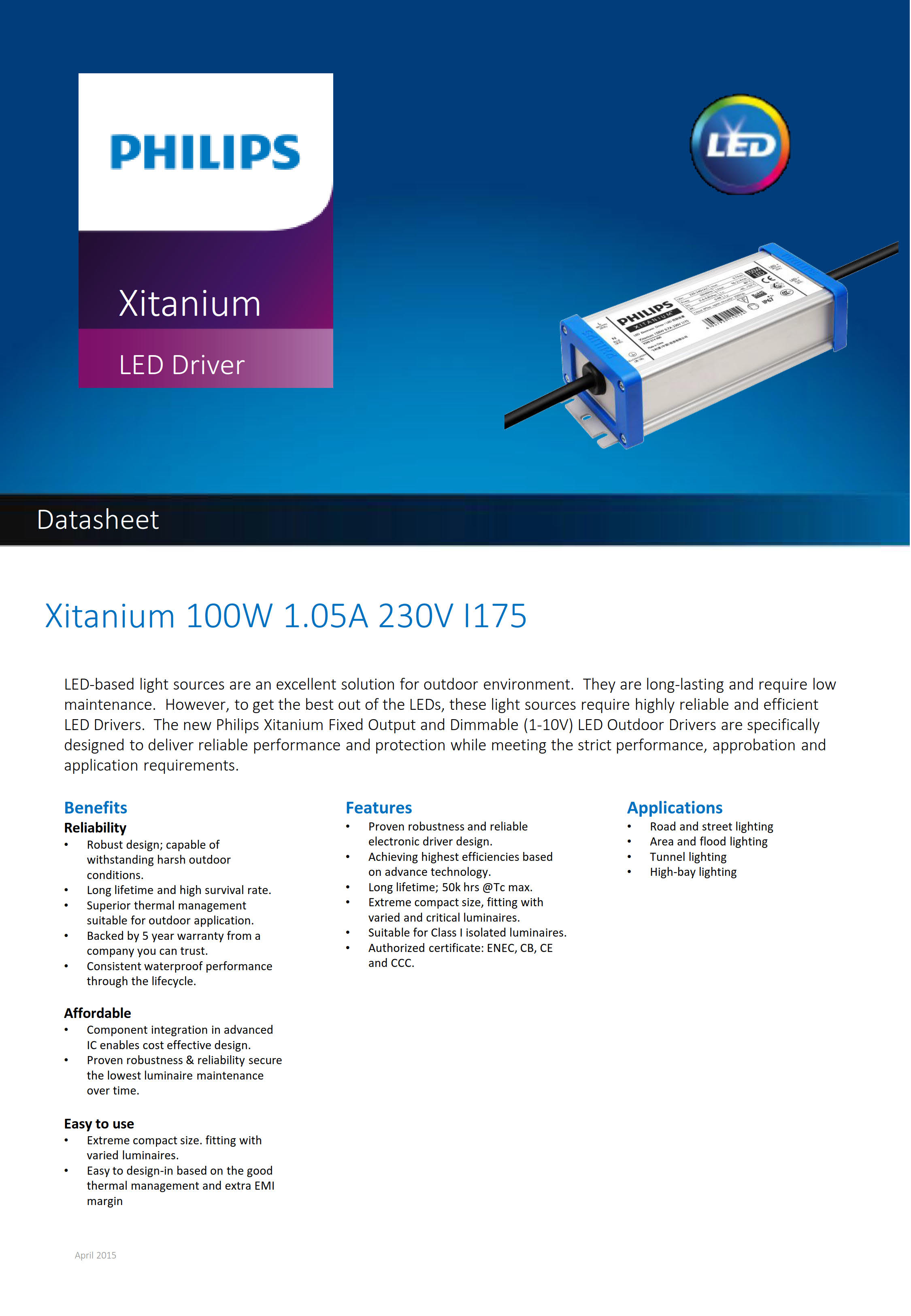 PHILIPS Xitanium 100W 1.05A 230V I175 929001400880