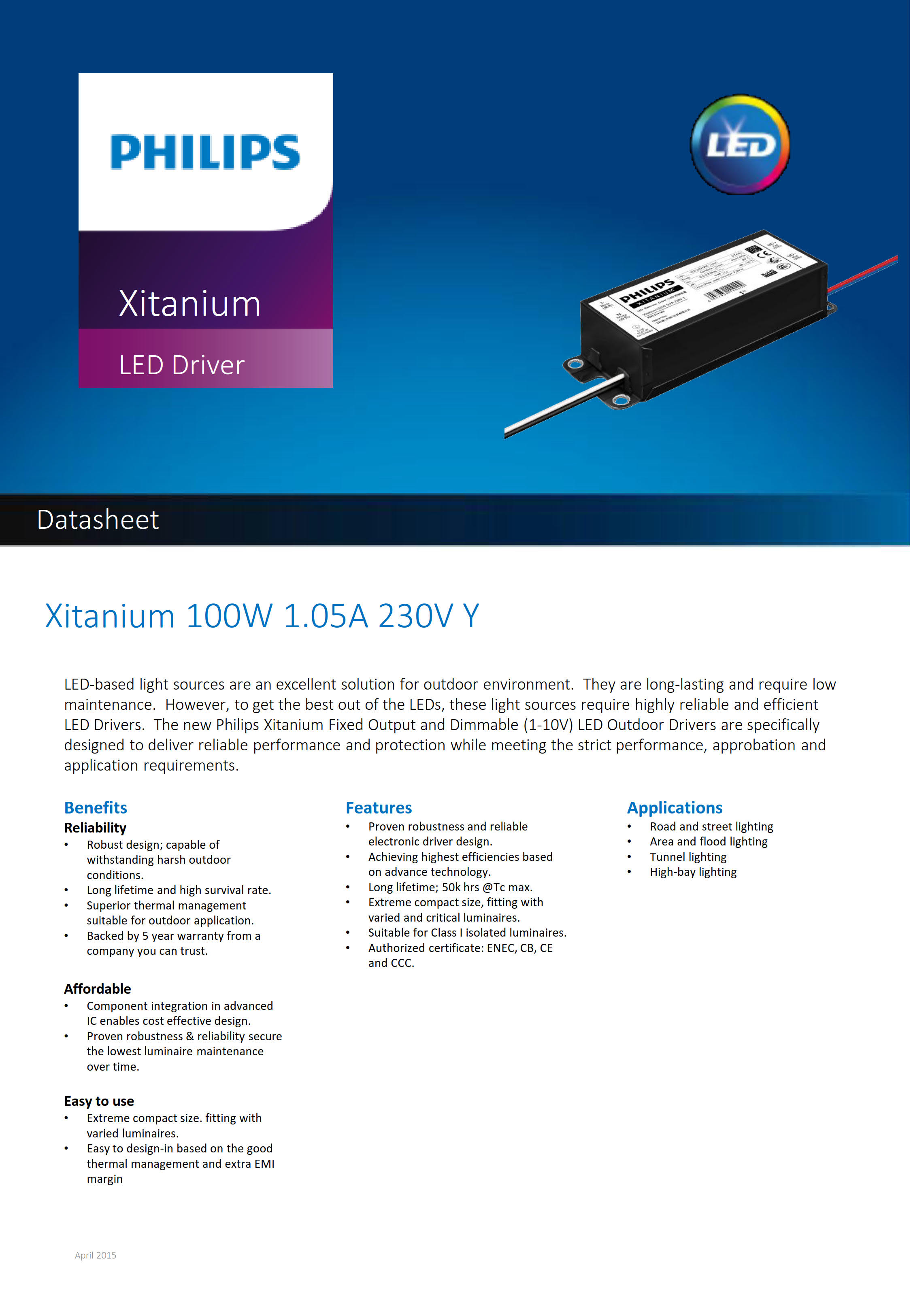 PHILIPS Xitanium 100W 1.05A 230V Y 929001401180