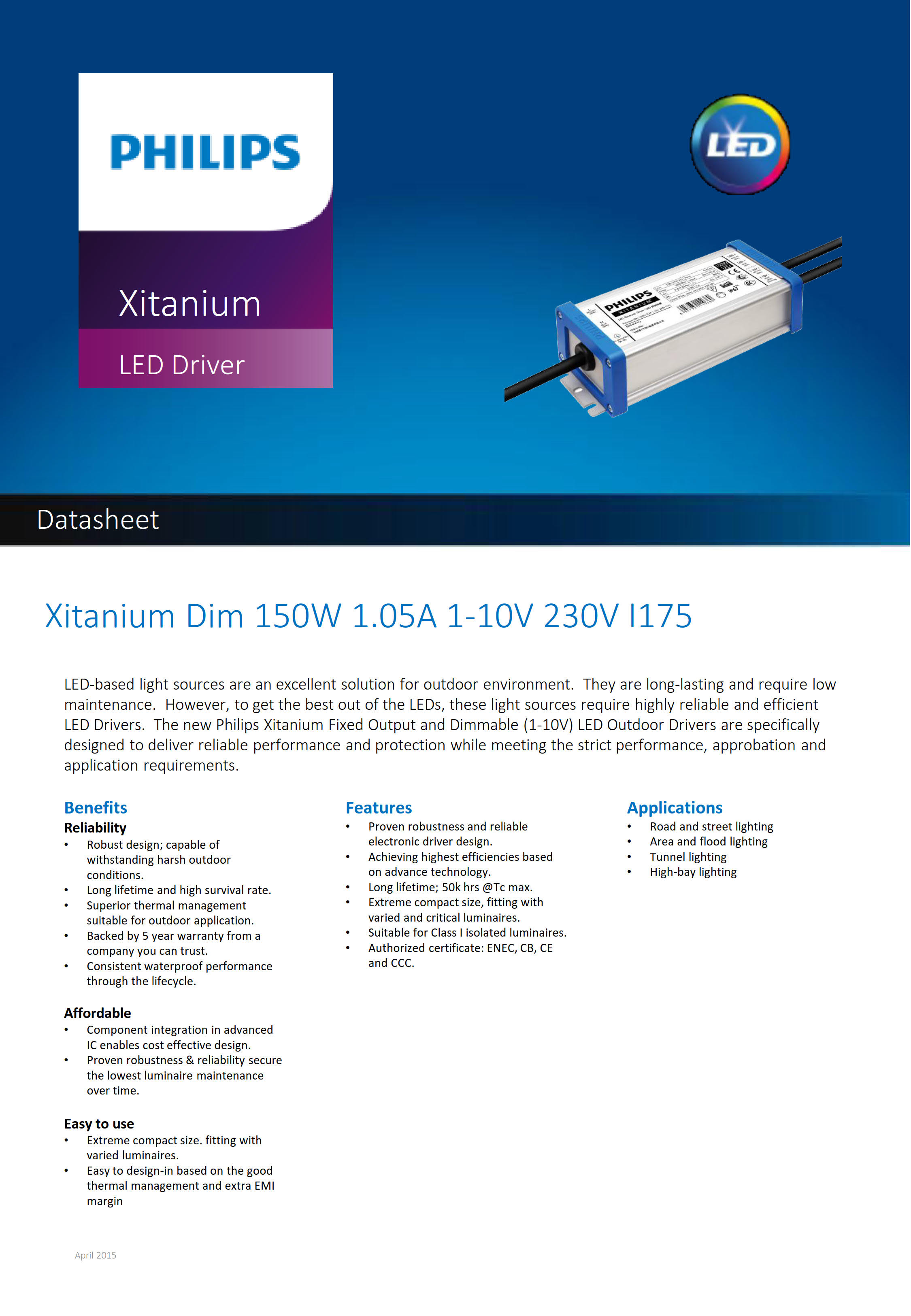 PHILIPS Xitanium Dim 150W 1.05A 1-10V 230V I175 929001401480