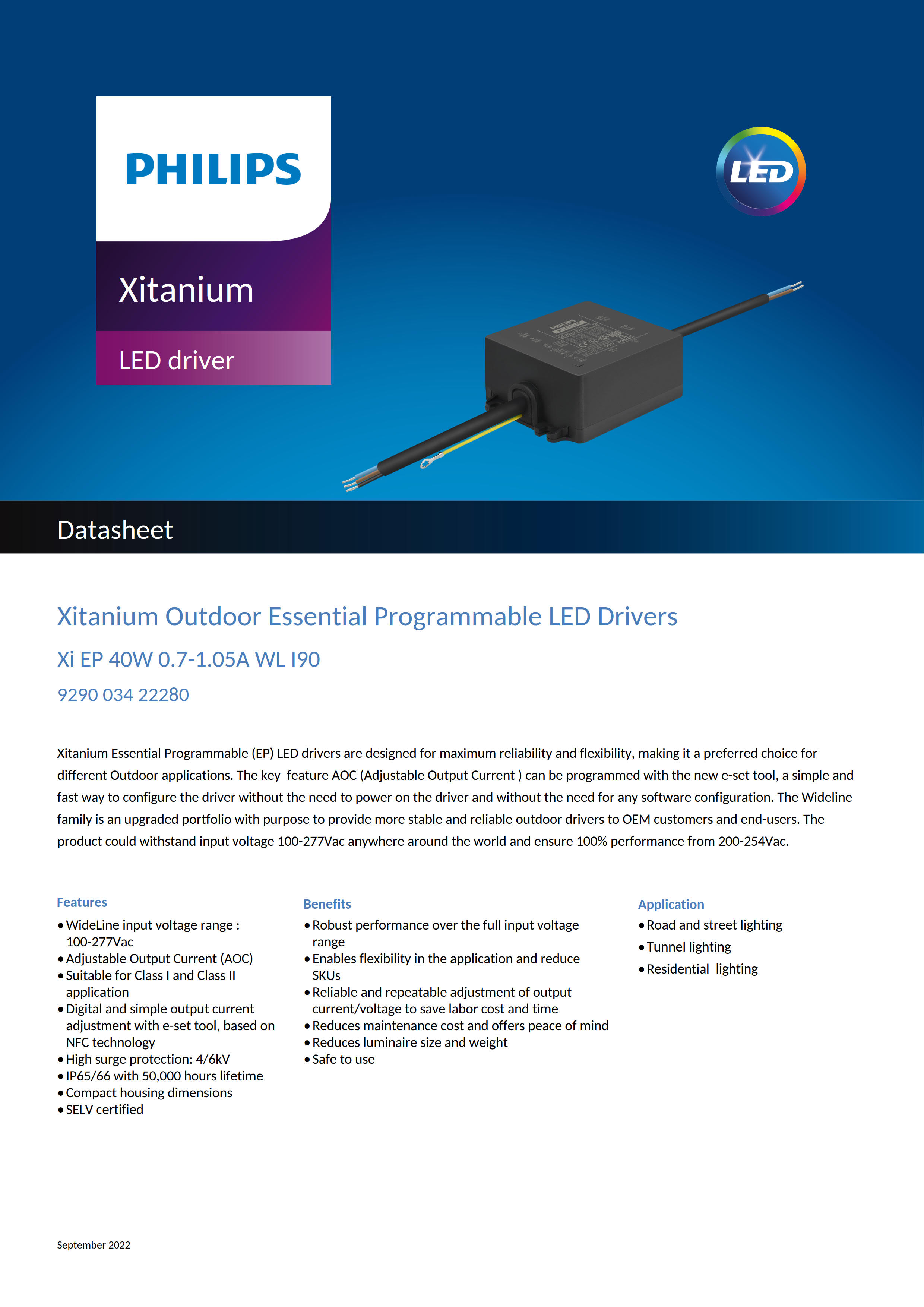 PHILIPS driver Xitanium Outdoor Essential Programmable LED Drivers Xi EP 40W 0.7-1.05A WL I90 929003422280