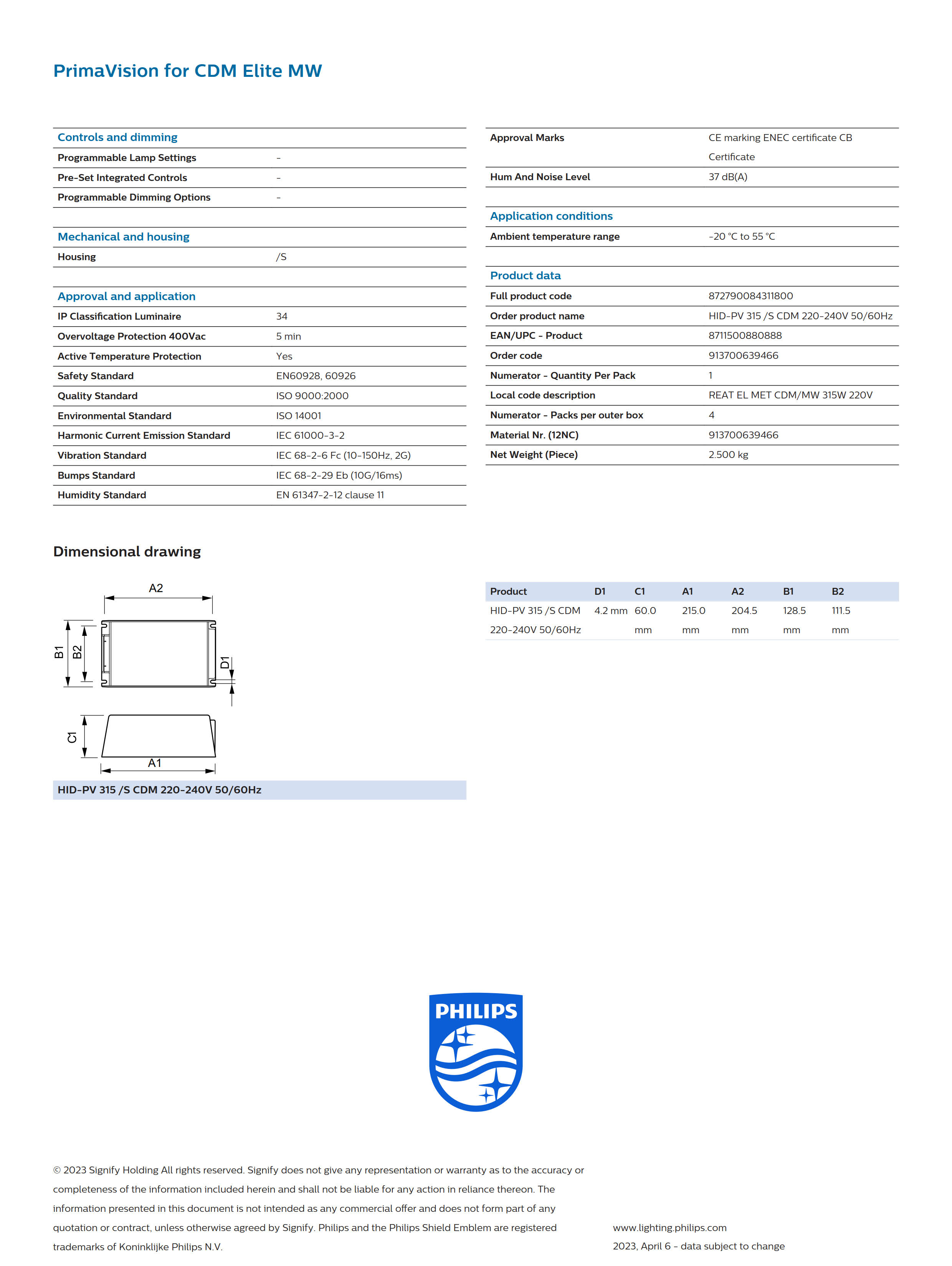 PHILIPS BALLAST HID-PV 315/S CDM 220-240V 50/60Hz 913700639466