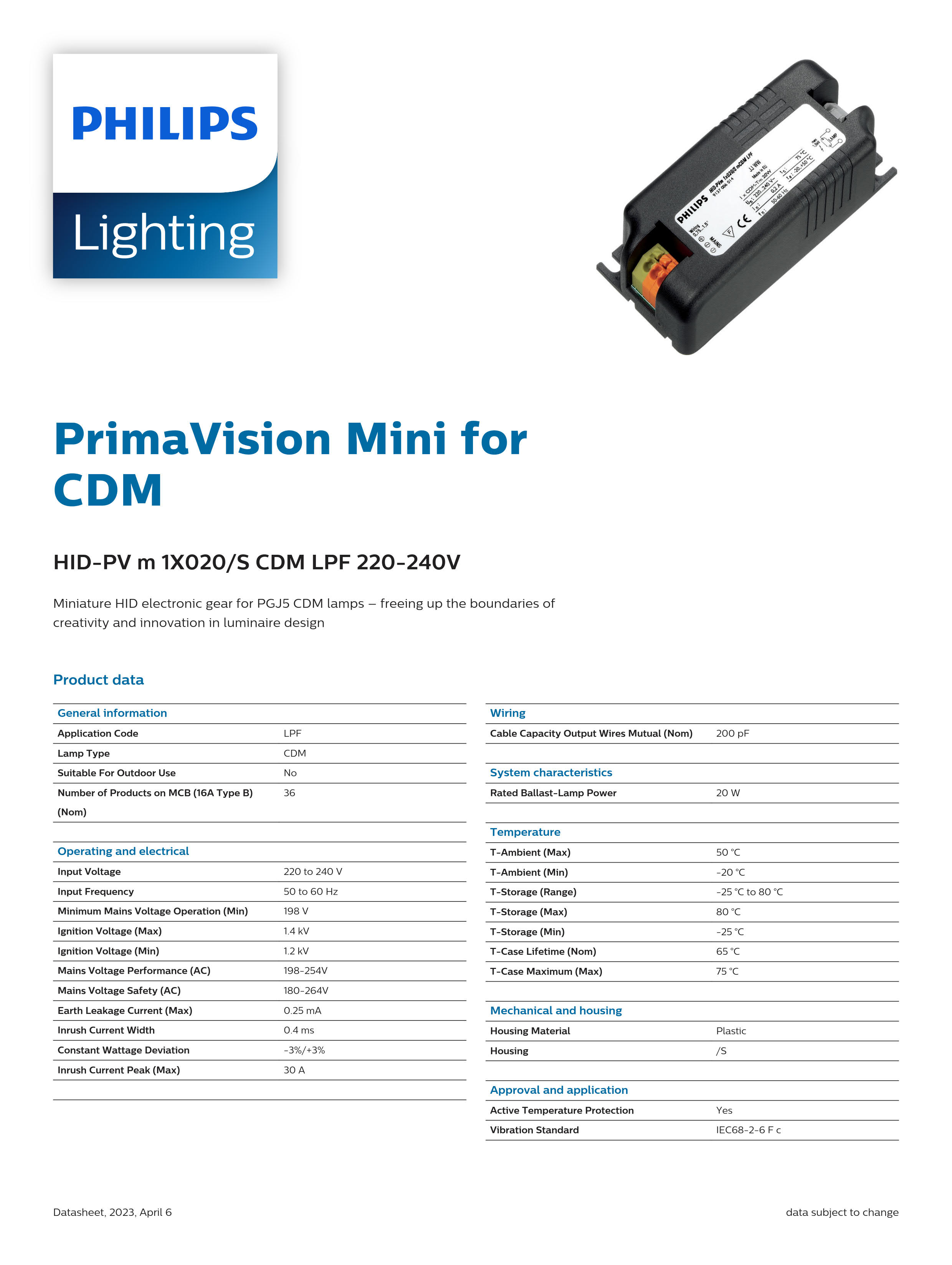 PHILIPS ballast HID-PV m 1X020/S CDM LPF 220-240V 913712005214