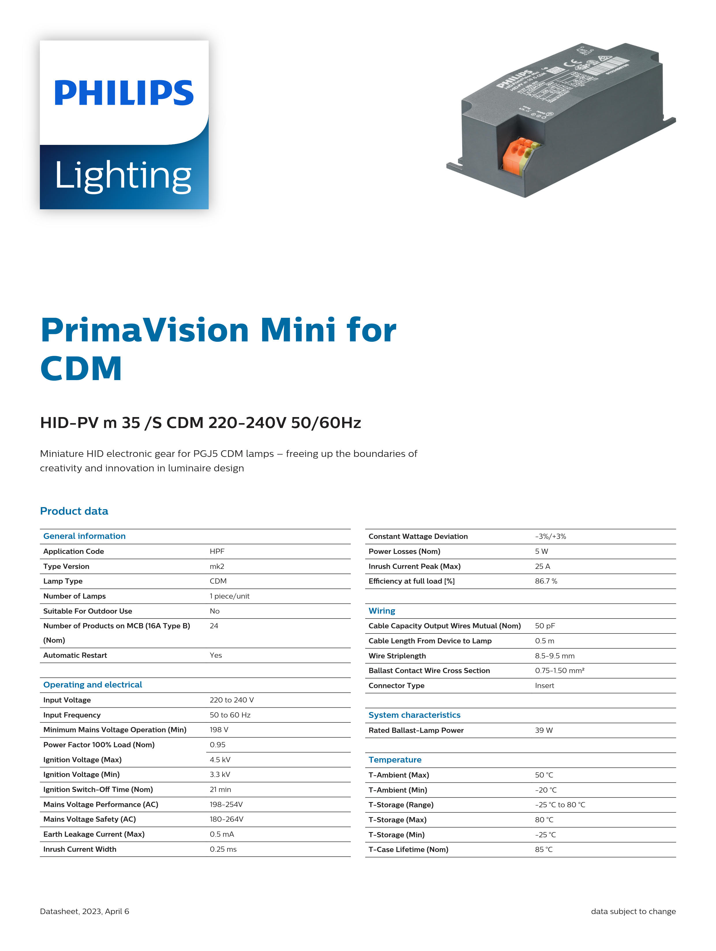 PHILIPS ballast HID-PV m 35/S CDM 220-240V 50/60Hz 913700696166