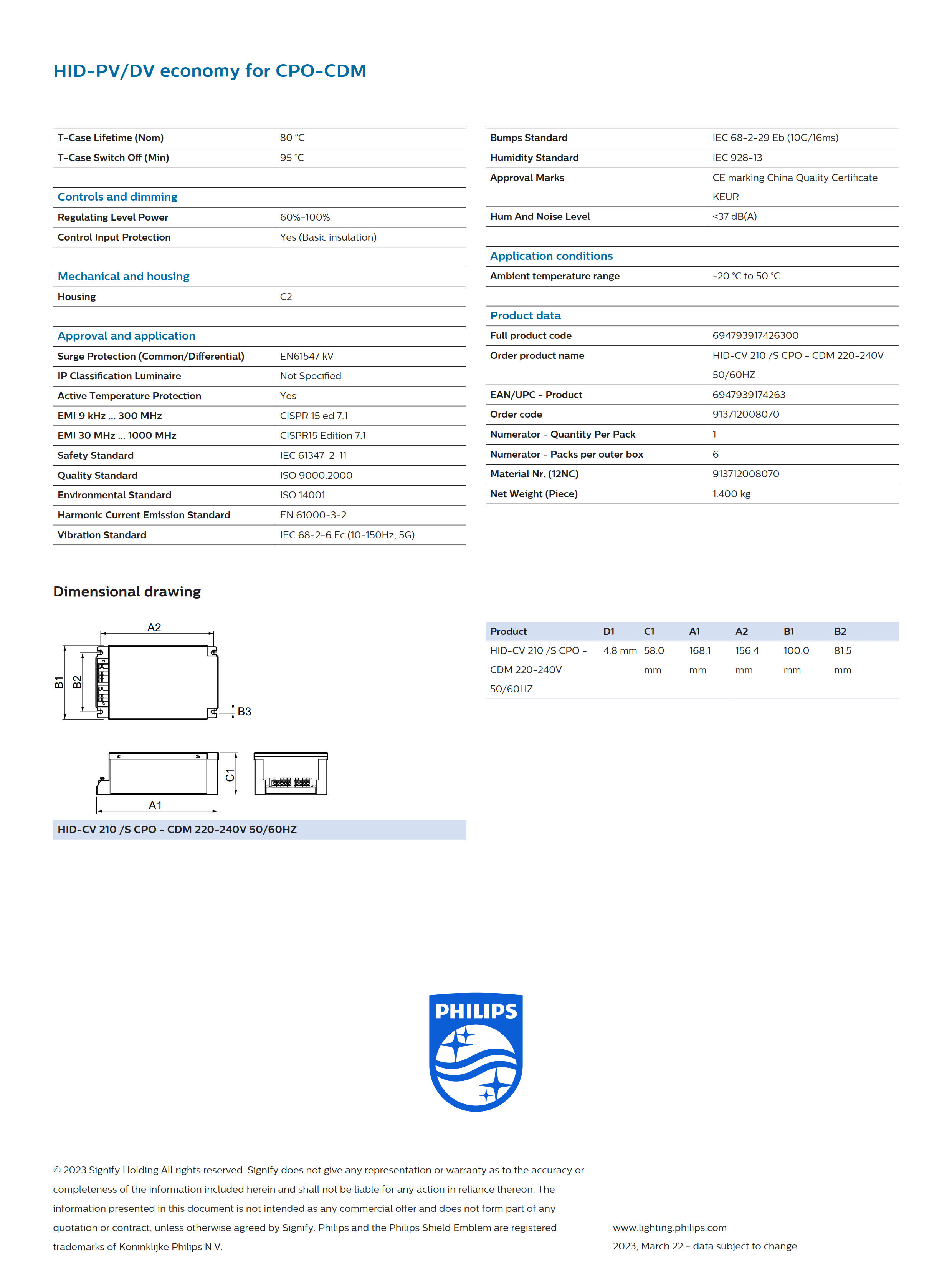 PHILIPS BALLAST HID-CV 210_s CPO – CDM 220-240V 50_60HZ 913712008070