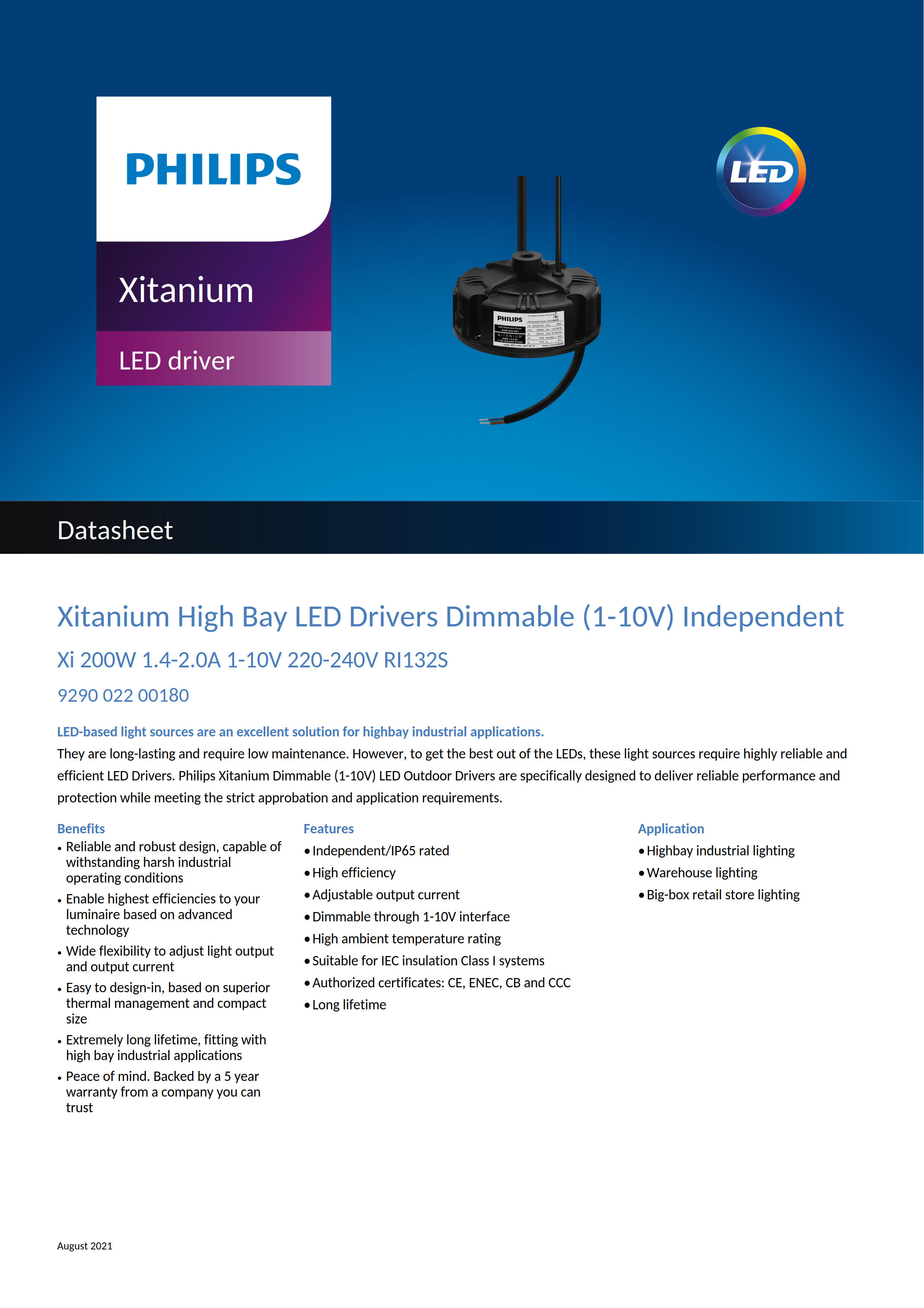 PHILIPS Xitanium High Bay LED Drivers Dimmable Xi 200W 1.4-2.0A 1-10V 220-240V RI132S 929002200180