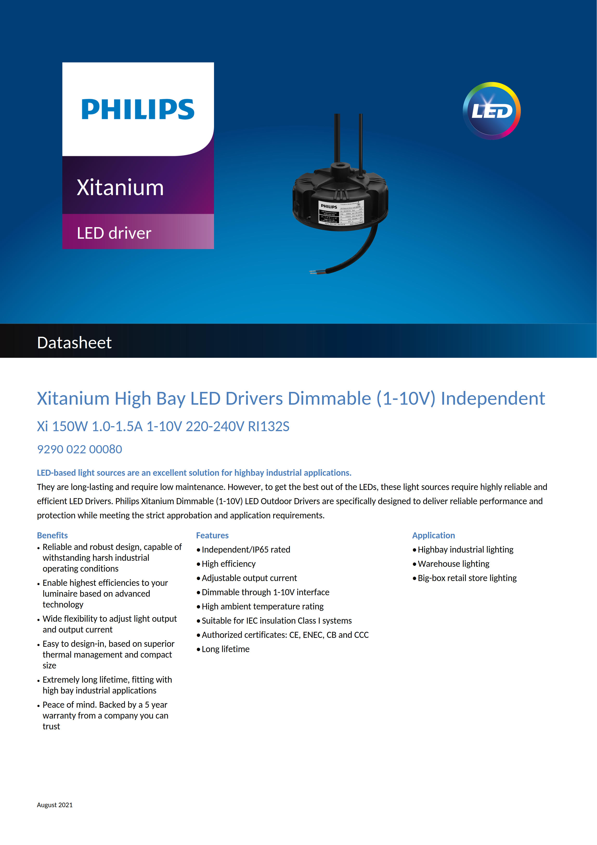 PHILIPS Xitanium High Bay LED Drivers Dimmable Xi 150W 1.0-1.5A 1-10V 220-240V RI132S 929002200080