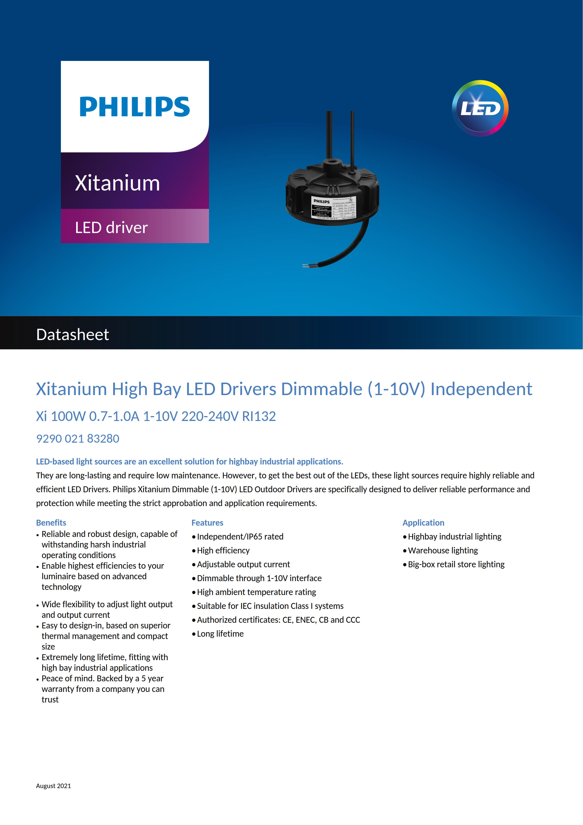 PHILIPS Xitanium High Bay LED Drivers Dimmable Xi 100W 0.7-1.0A 1-10V 220-240V RI132 929002183280