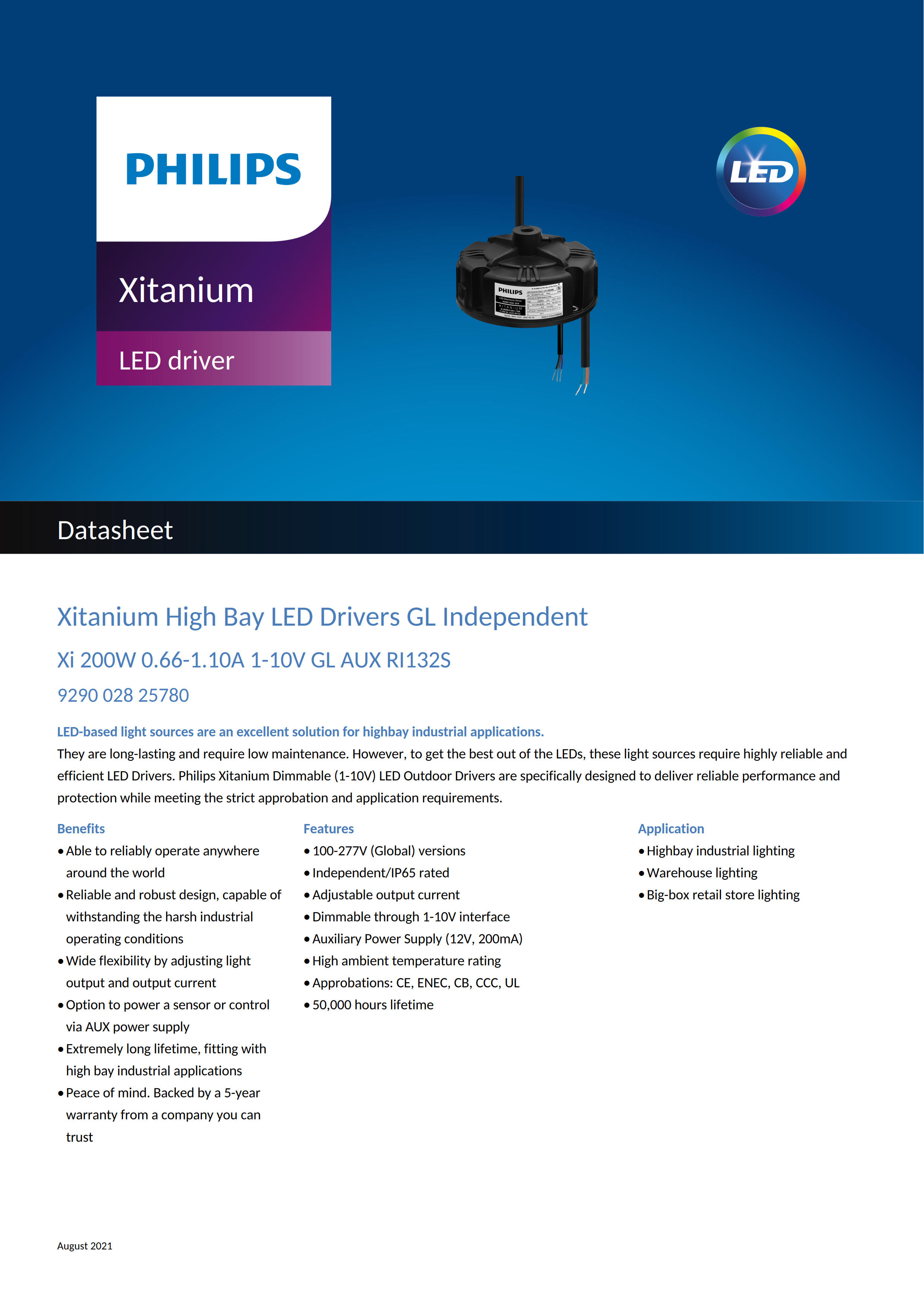 PHILIPS Xitanium High Bay LED Drivers Xi 200W 0.66-1.10A 1-10V GL AUX RI132S 929002825780