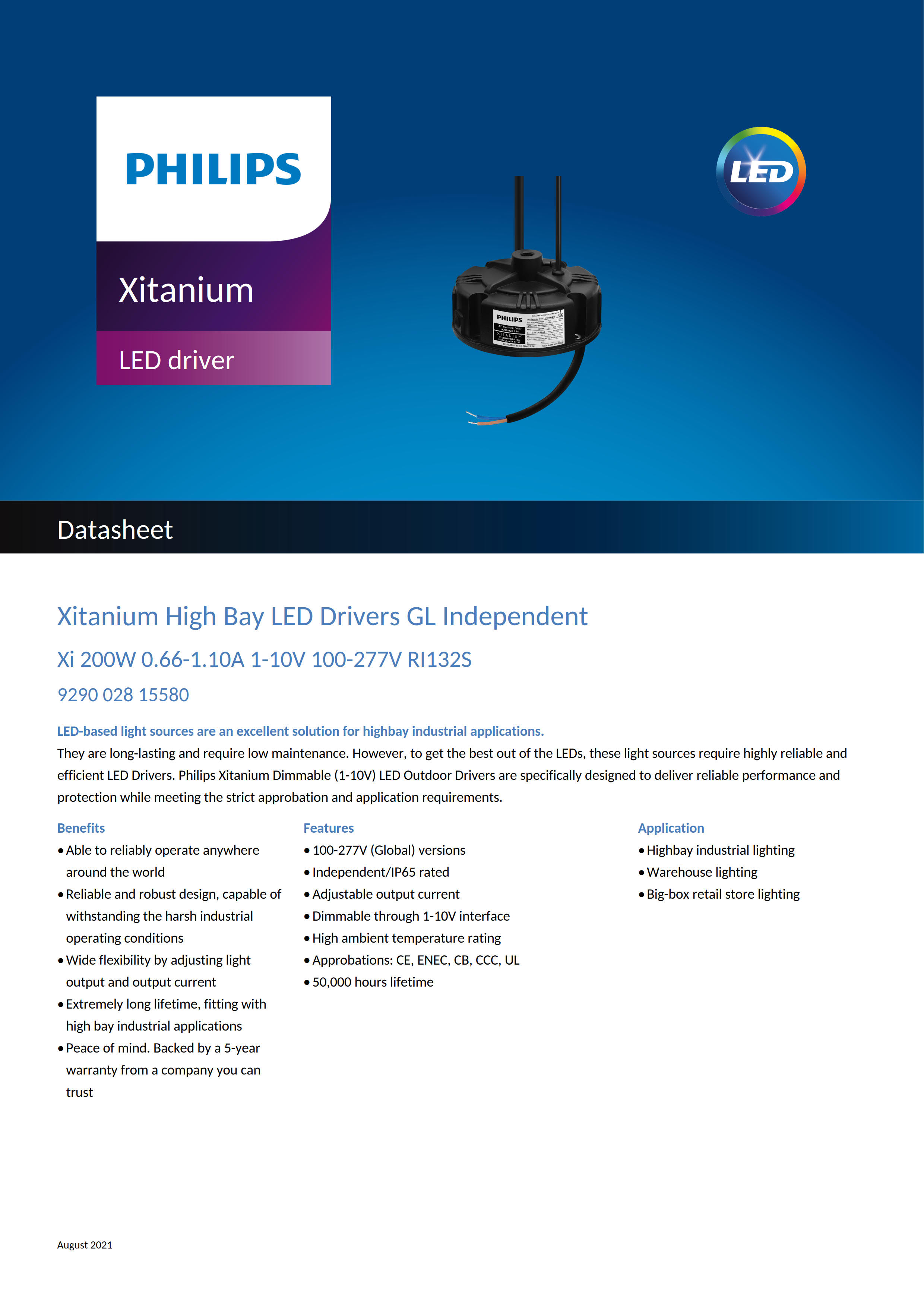 PHILIPS Xitanium High Bay LED Drivers Xi 200W 0.66-1.10A 1-10V 100-277V RI132S 929002815580