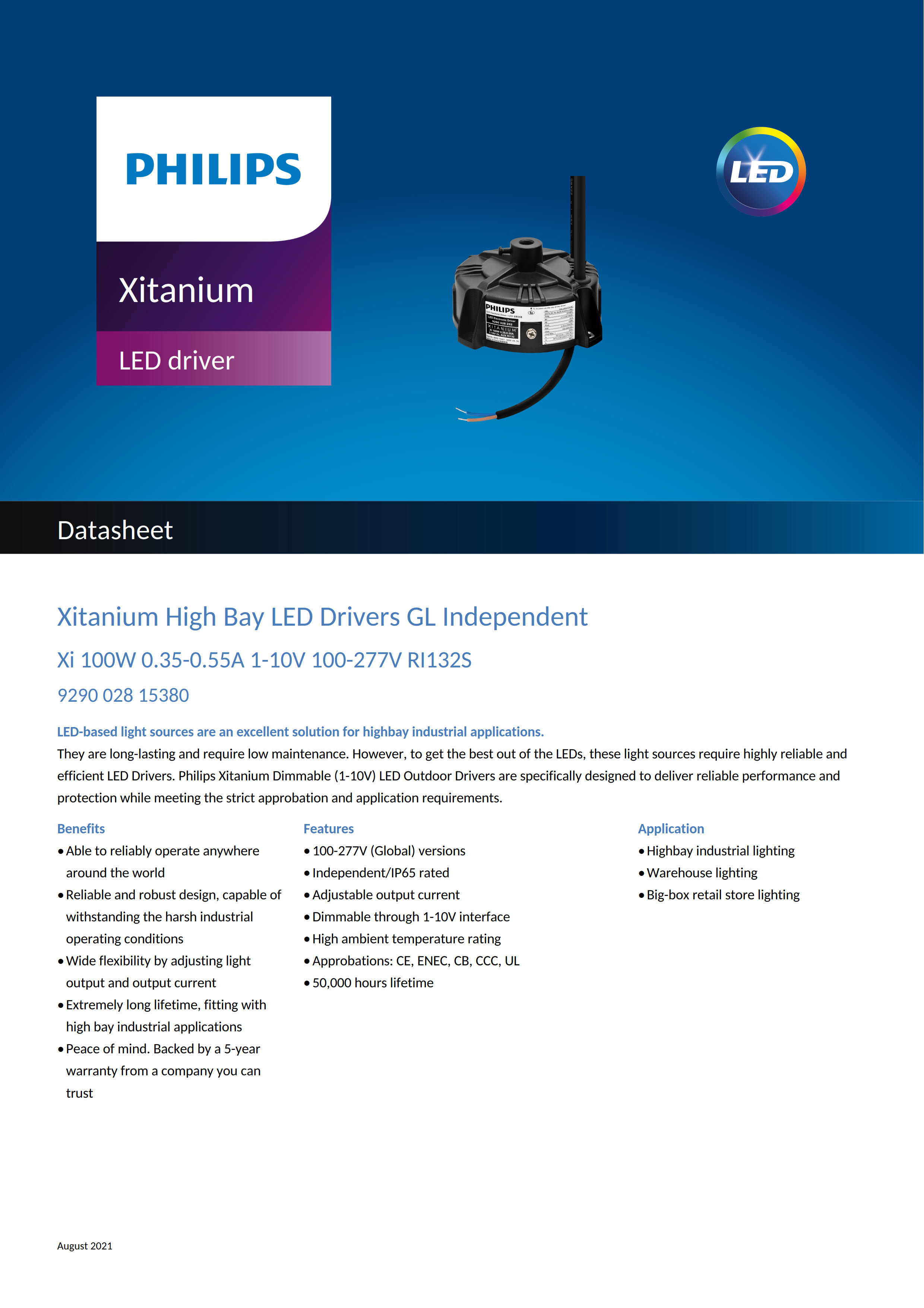 PHILIPS Xitanium High Bay LED Drivers Xi 100W 0.35-0.55A 1-10V 100-277V RI132S 929002815380