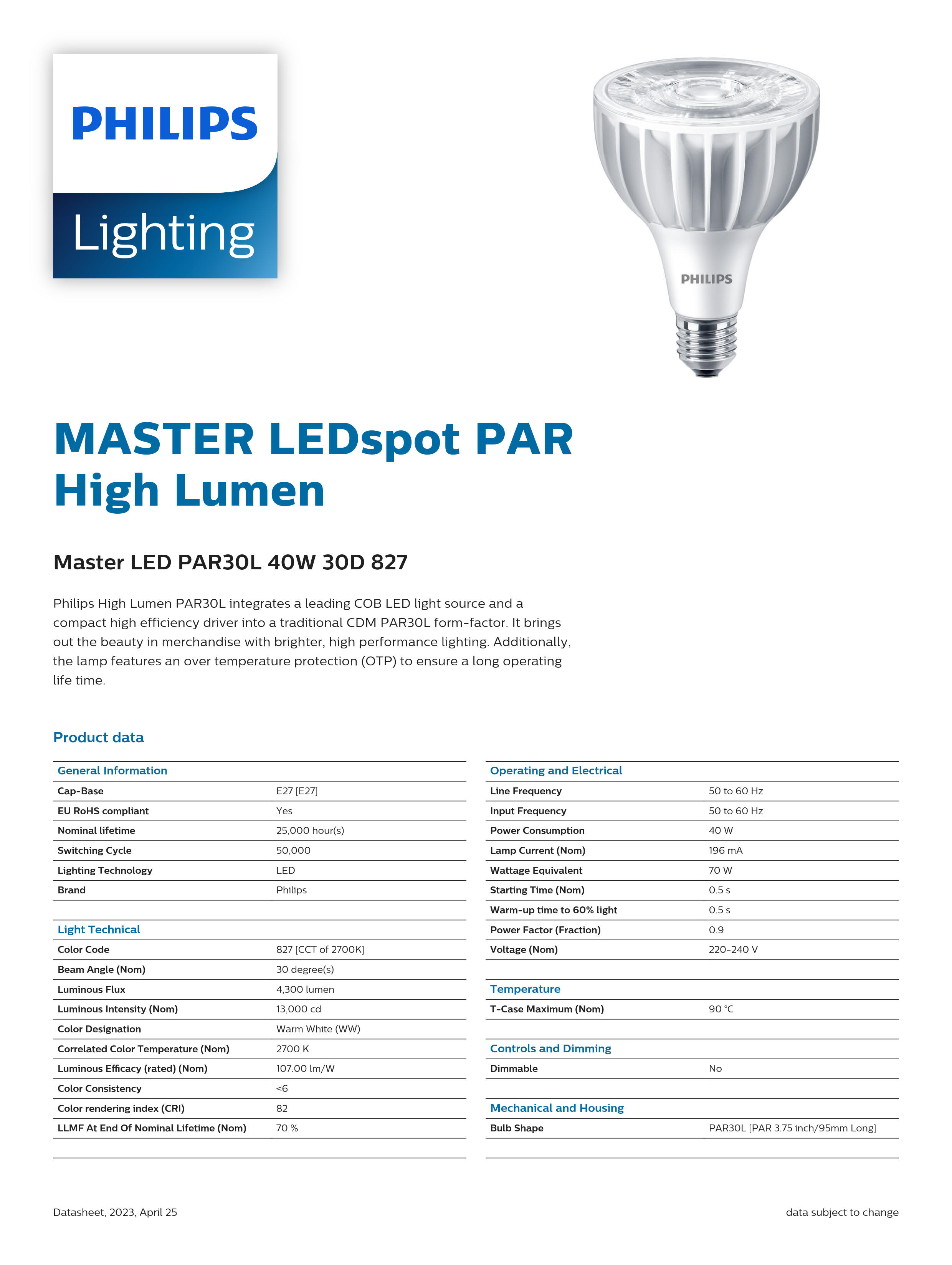 PHILIPS Master LED PAR30L 40W 30D 827 929001374708