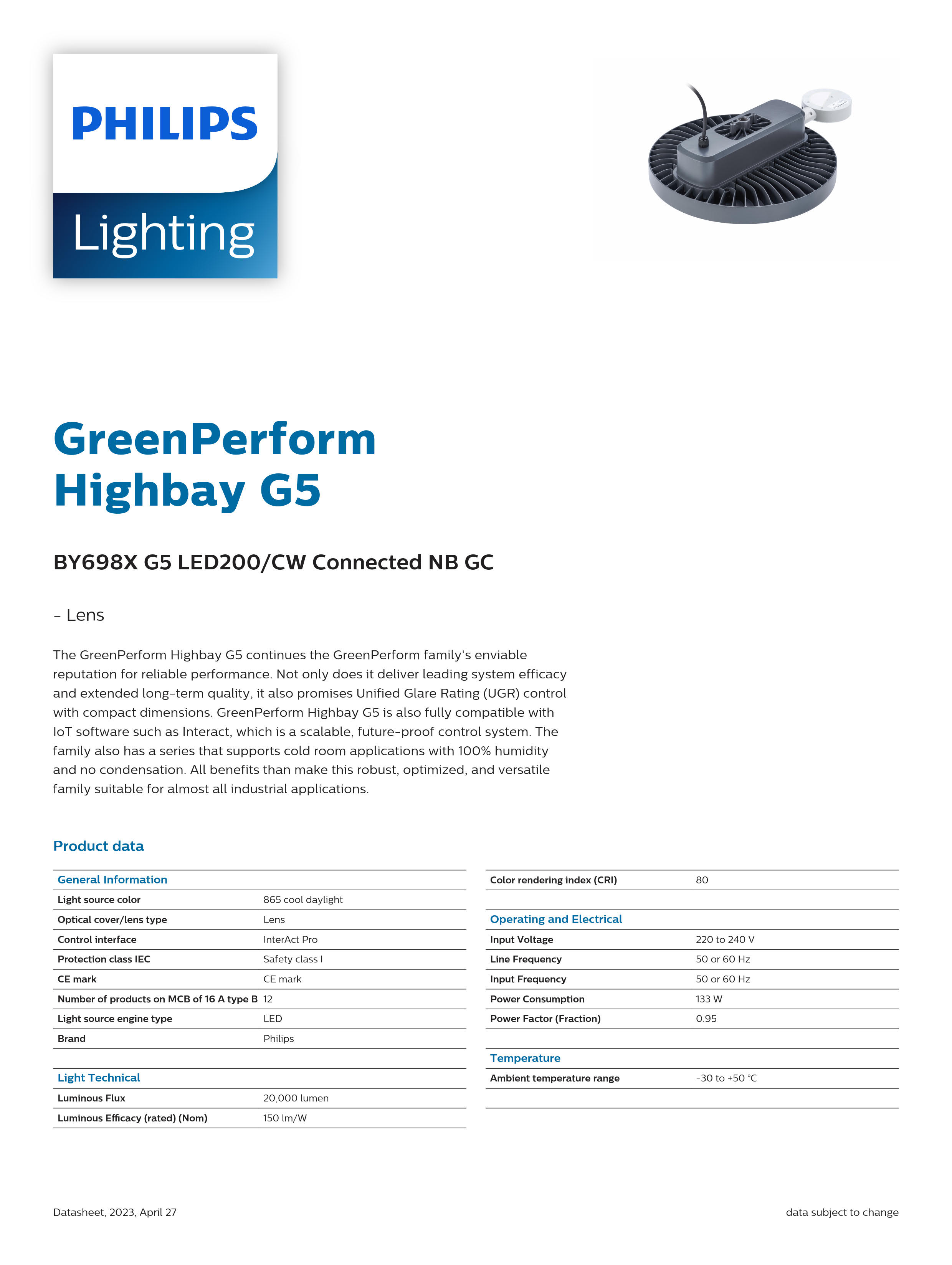 PHILIPS Highbay BY698X G5 LED200/CW Connected NB GC 911401524691