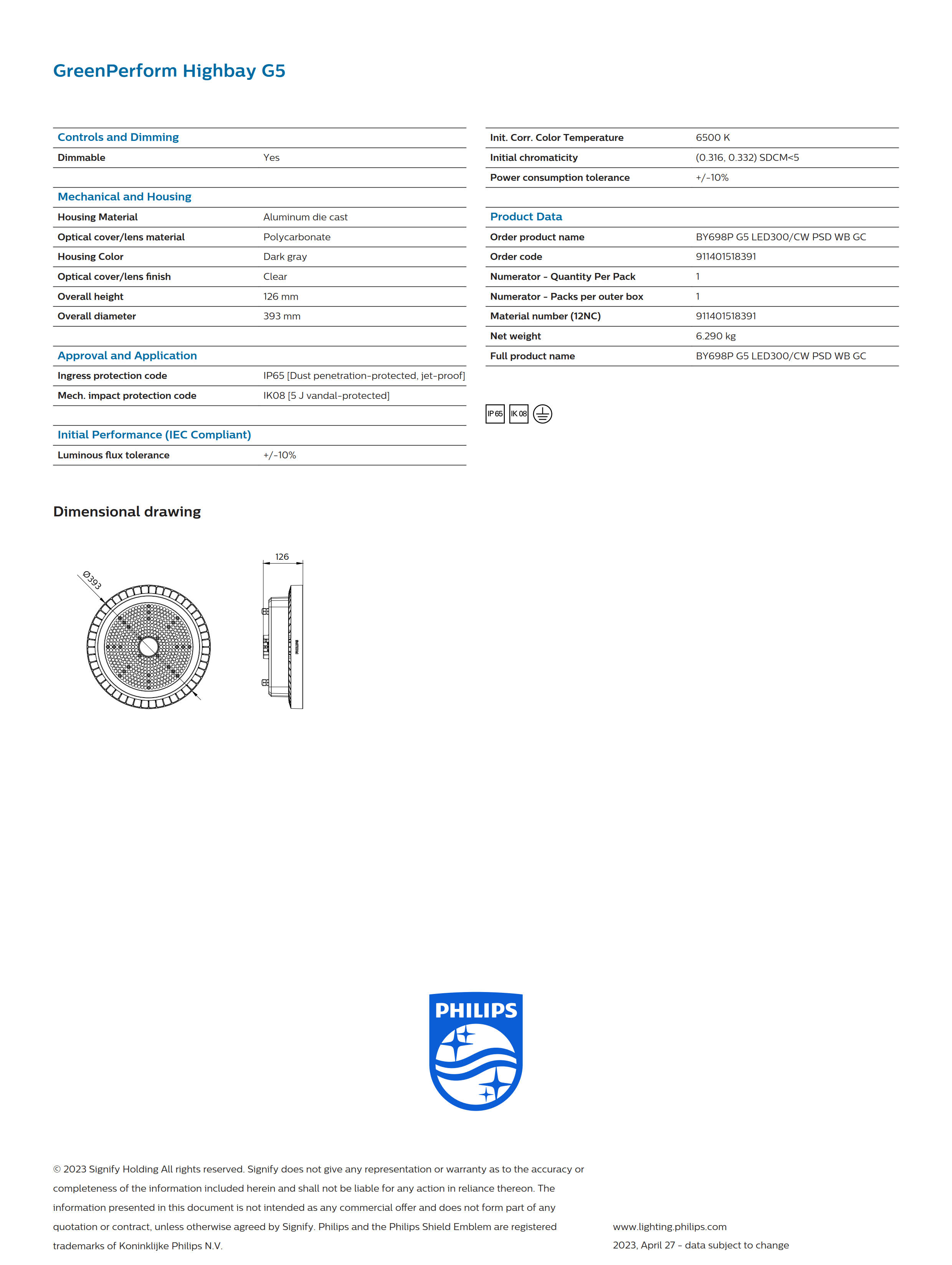 PHILIPS Highbay BY698P G5 LED300/CW PSD WB GC 911401518391