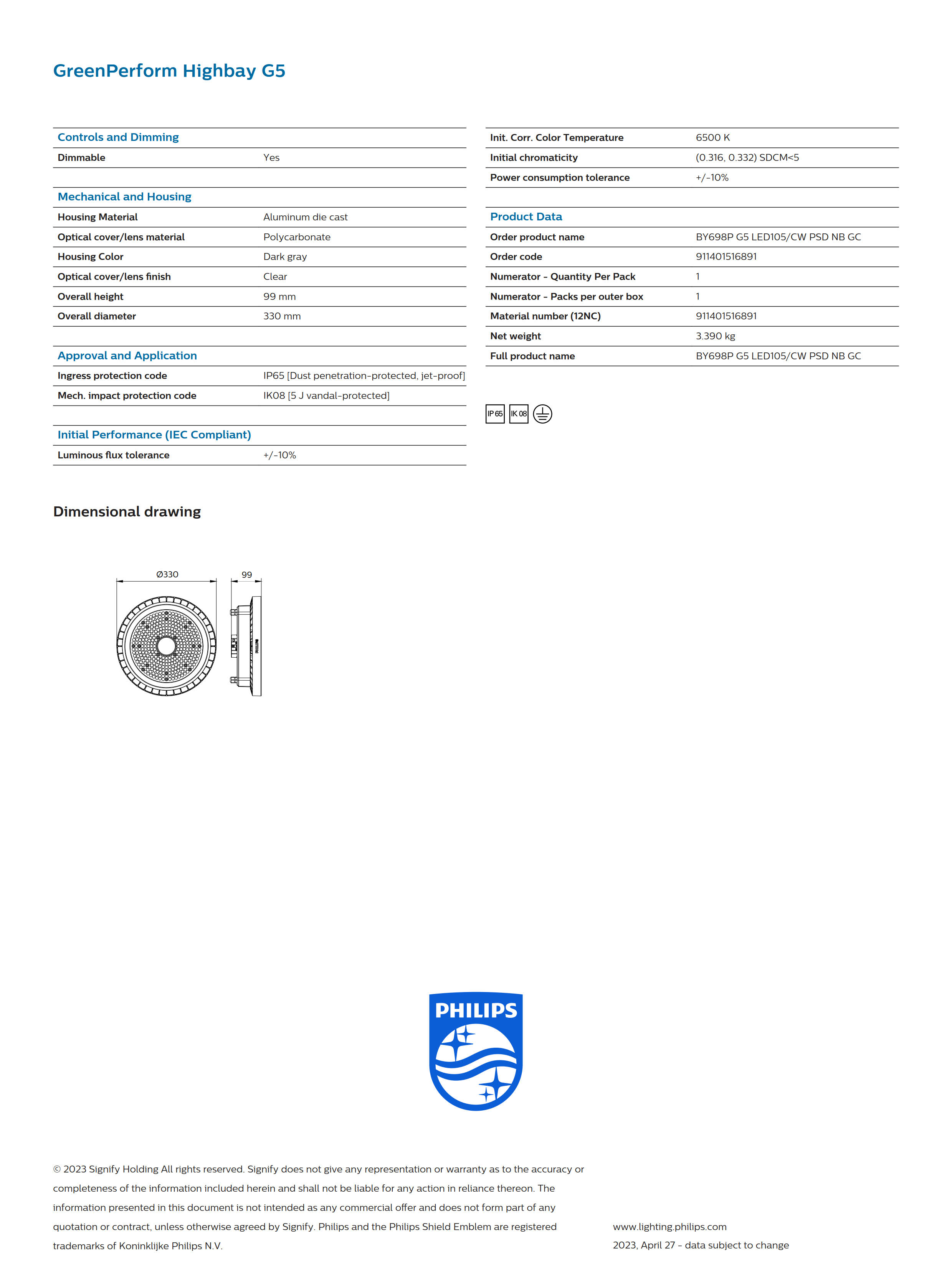 PHILIPS Highbay BY698P G5 LED105/CW PSD NB GC 911401516891