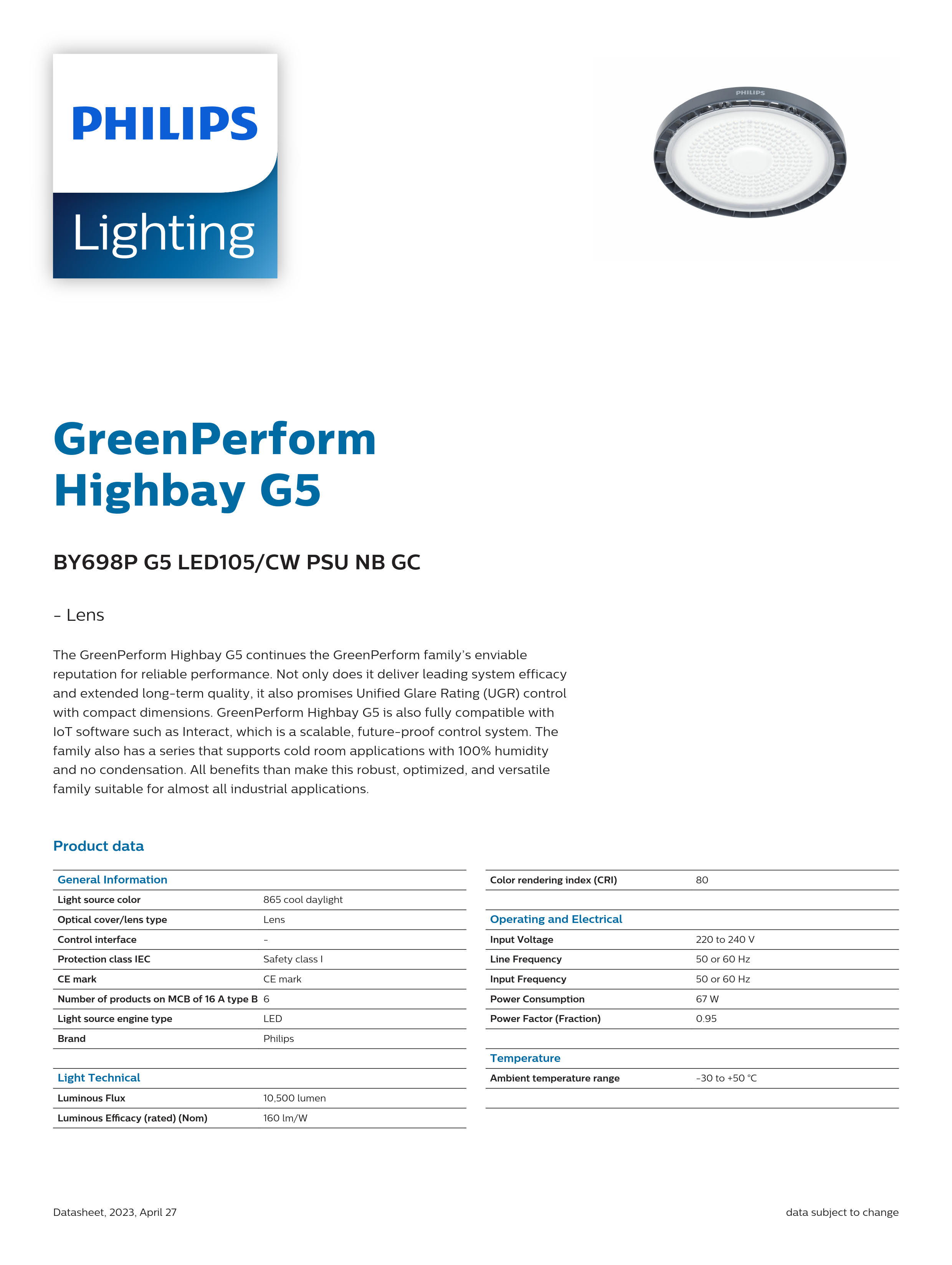 PHILIPS Highbay BY698P G5 LED105/CW PSU NB GC 911401507391