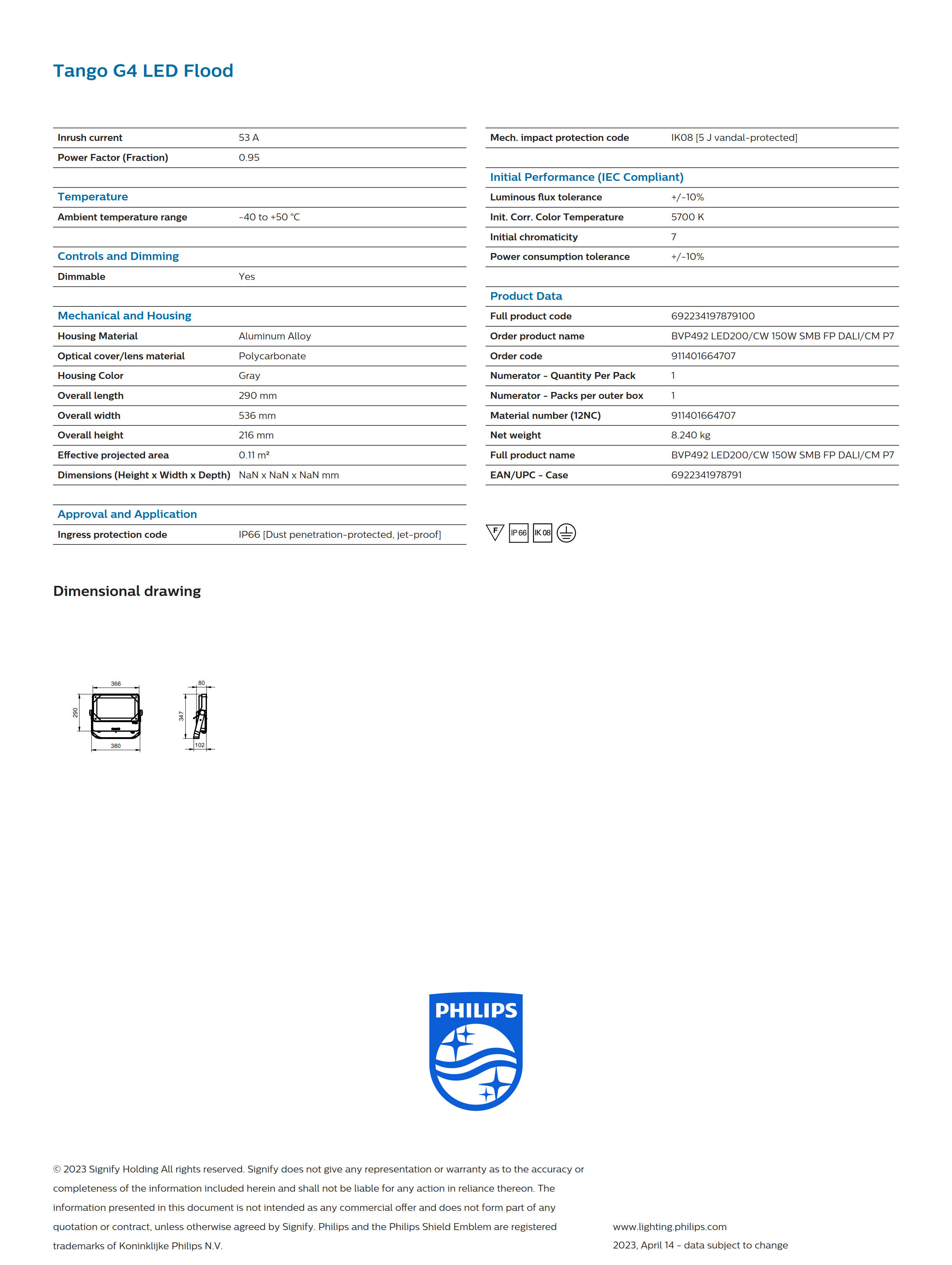 PHILIPS BVP492 LED200/CW 150W SMB FP DALI/CM P7 911401664707