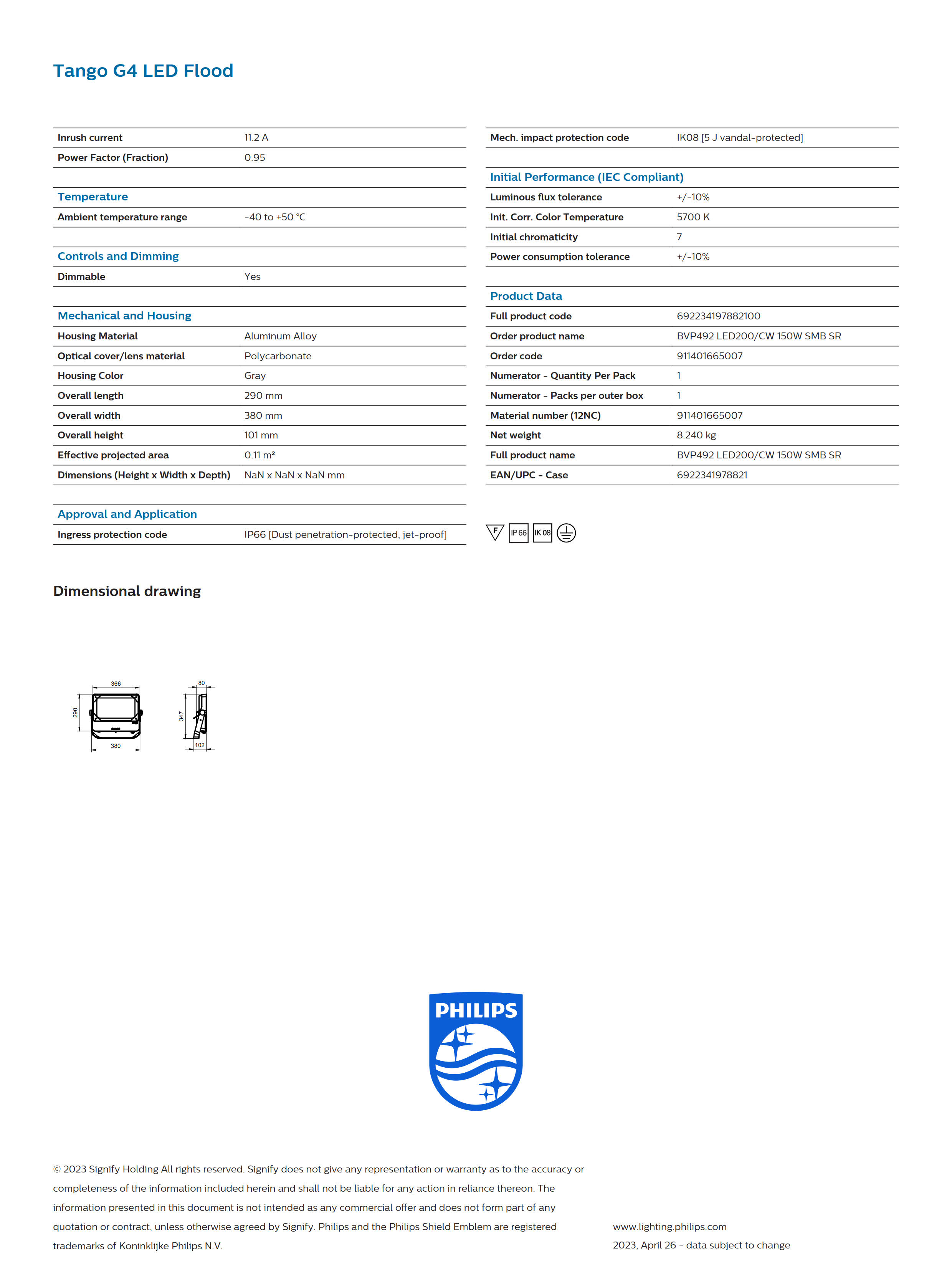 PHILIPS BVP492 LED200/CW 150W SMB SR 911401665007